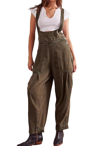 Xadsfeel Women's Denim Overalls Adjustable Strap Baggy Barrel Wide Leg Jumpsuits Casual Loose Stretch Jean Bib Overalls - Brown - Large