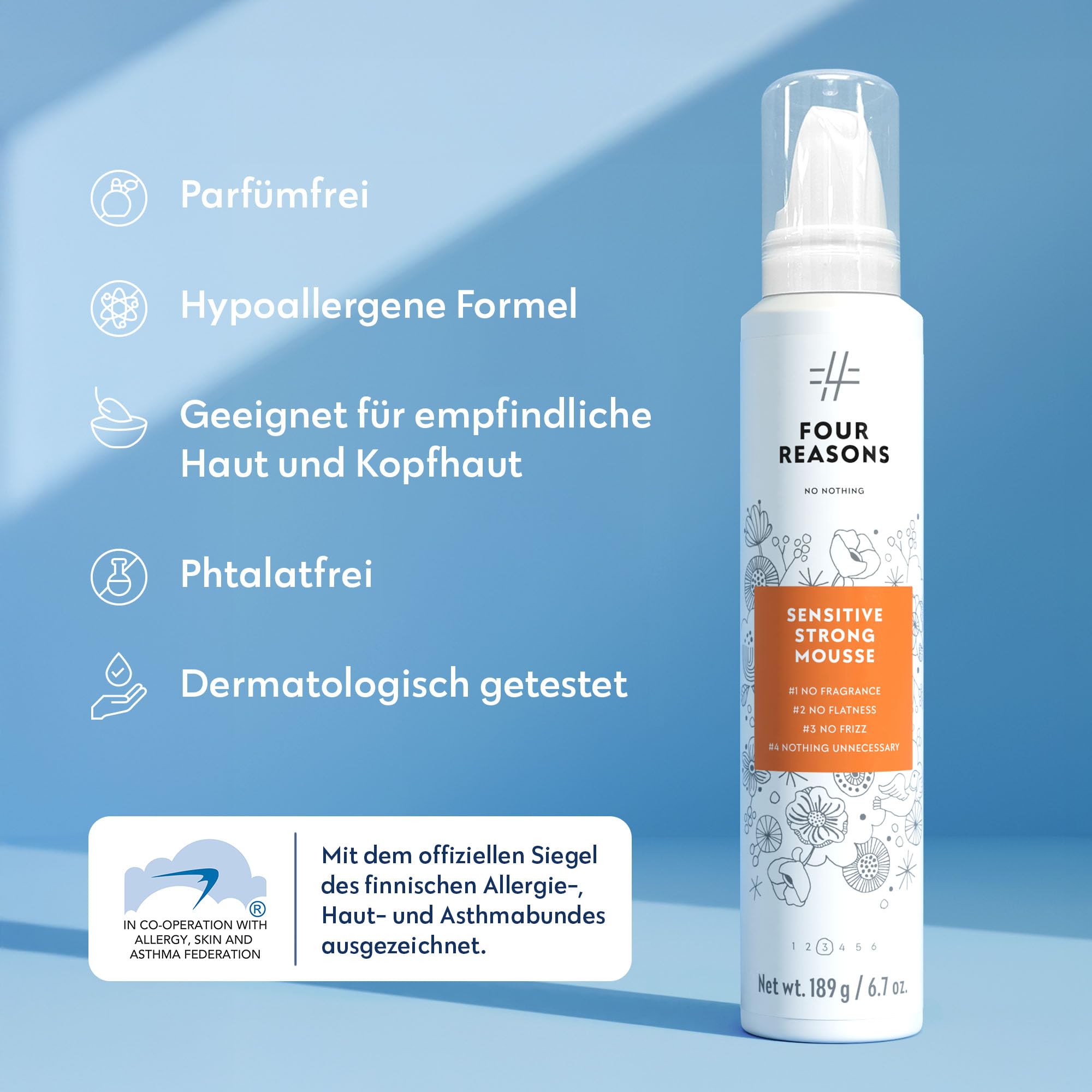 No nothing Mousse forte très sensible - Sans parfum, hypoallergénique, sans alcool, sans parfum pour le volume - Sans gluten, sans soja, sans paraben - 6,8 oz