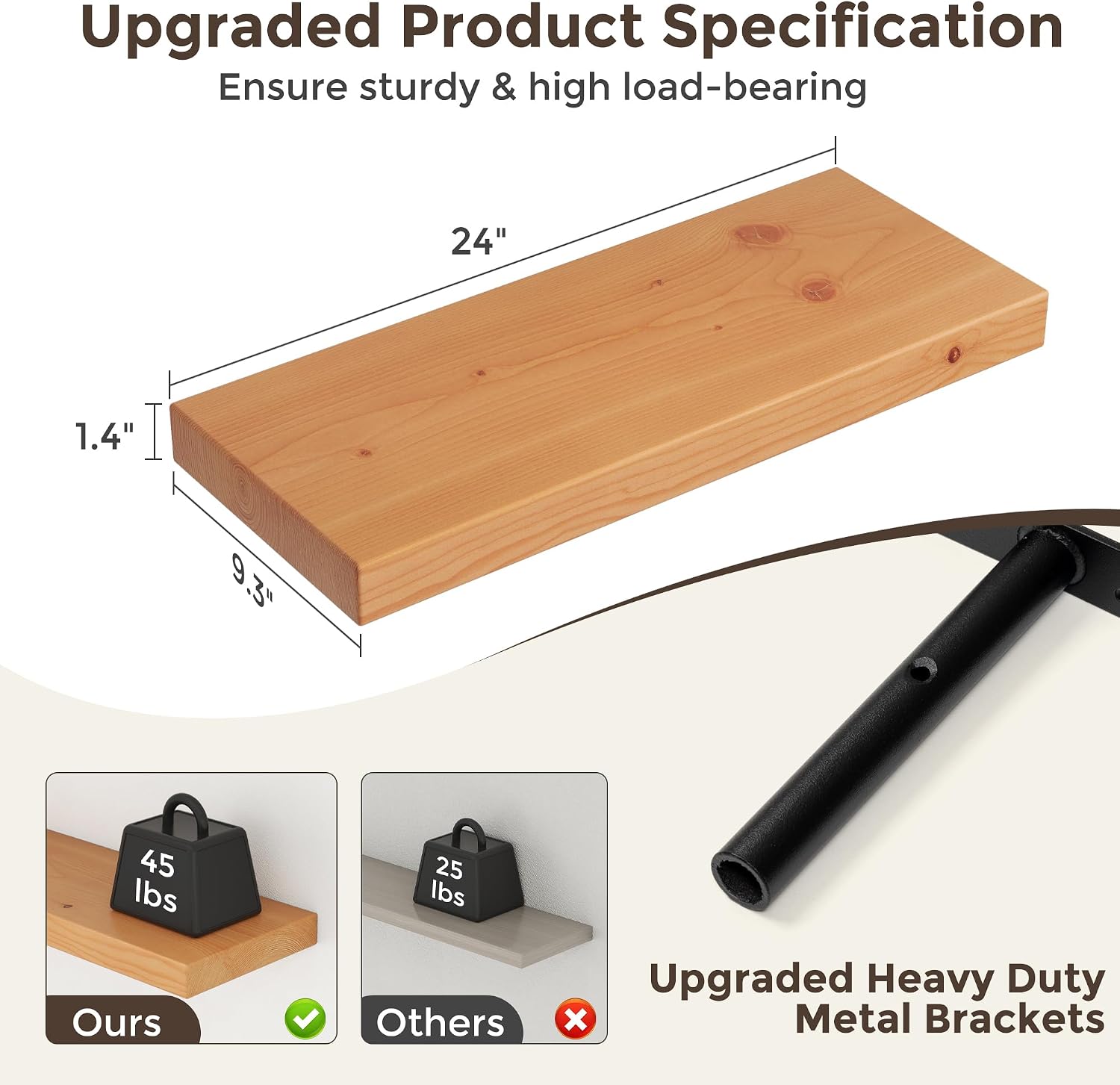 Axeman 24 Inch Floating Shelves for Wall, 9.3" Deep High End Solid Real Wood Wall Shelves with Heavy Duty Invisible Bracket for Living Room, Bedroom, Kitchen, Bathroom, Set of 2, Natural image 3