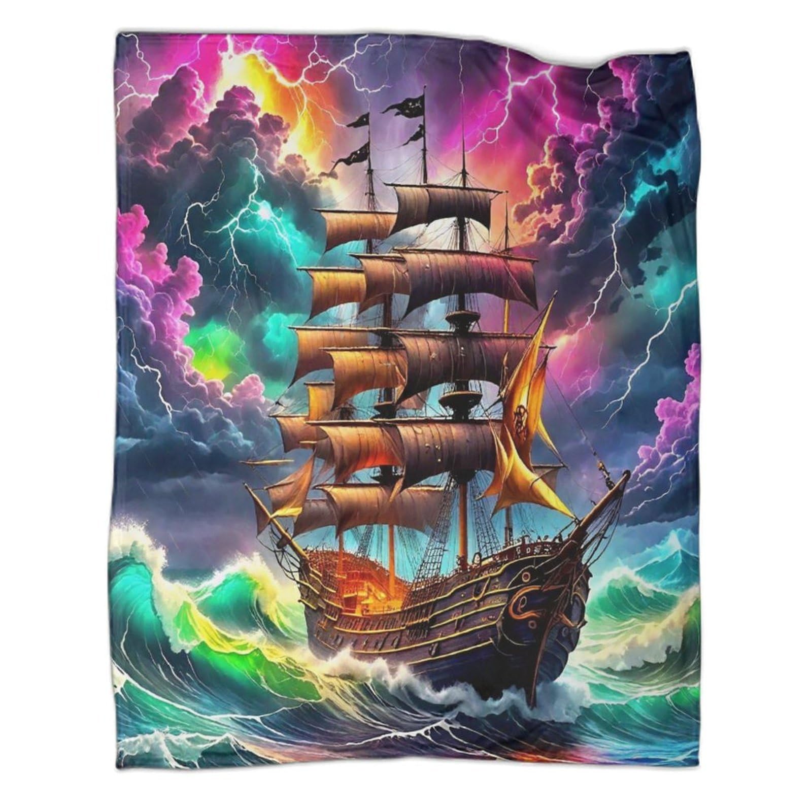 Couverture en flanelle 3D sur le thème navire - Plaid léger et chaud 150x200cm pour lit enfant