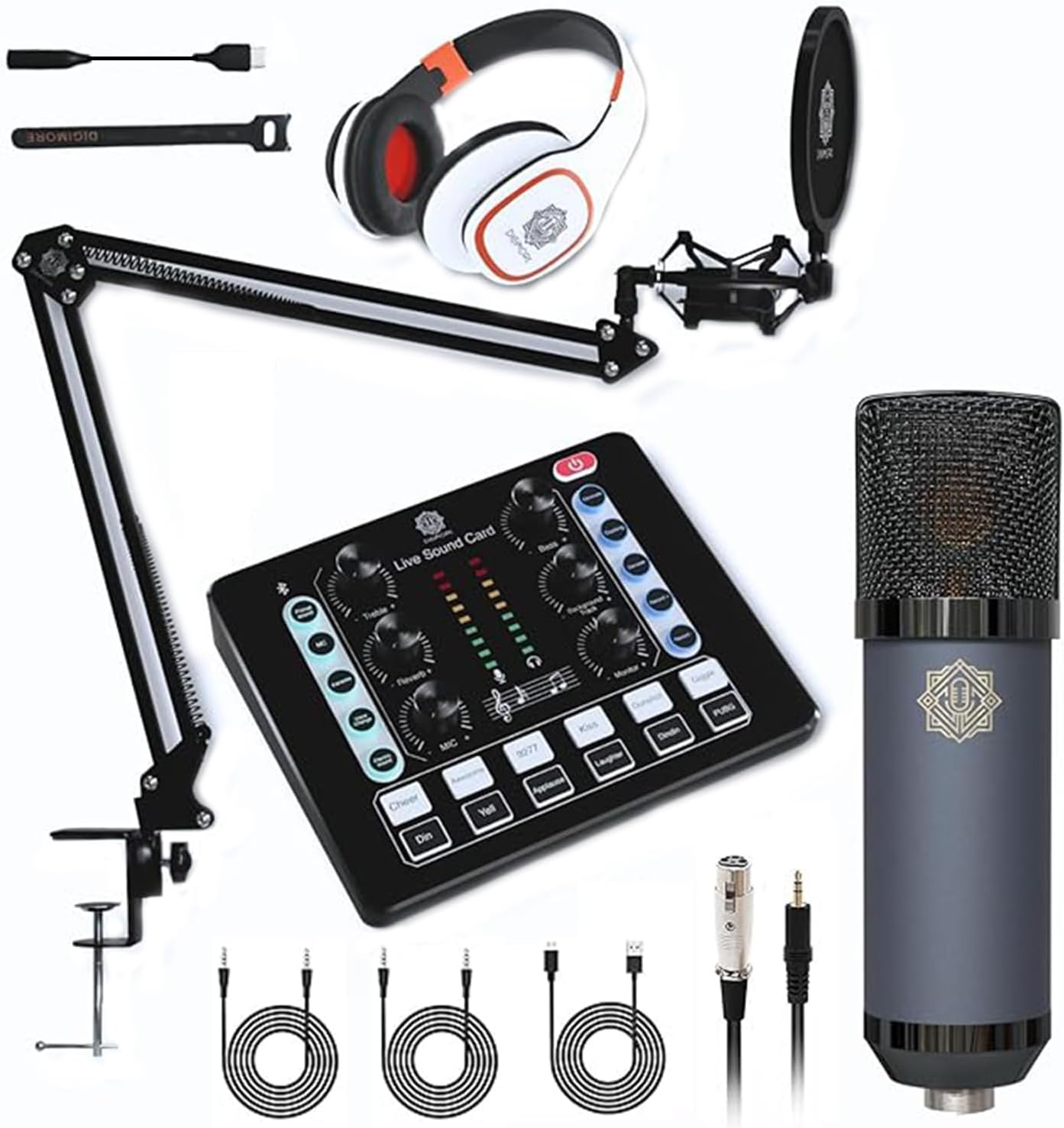 DIGIMORE Condenser Microphone Kit with Studio Headphones, Live Sound Card, Boom Arm Stand, Shock Mount and Pop Filter Ideal for Recording, Starmaker Singing, Live Streaming and Podcast Setup (D-440)