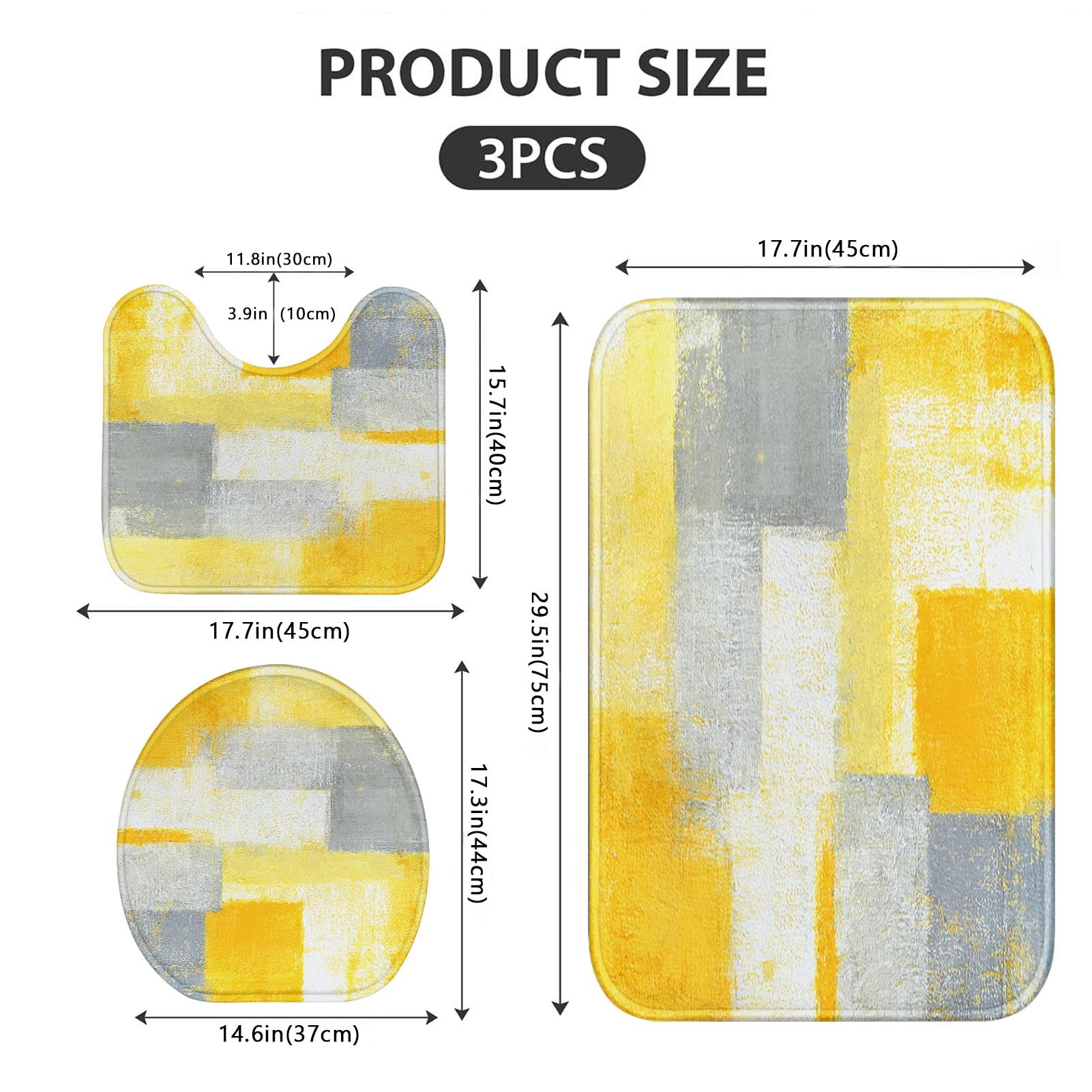 ArtSocket Bathroom Rugs and Mats Set 3 Piece, Yellow Grey Abstract Art Painting Absorbent Microfiber Memory Foam Bath Mat Machine Washable Bathroom Floor Mats