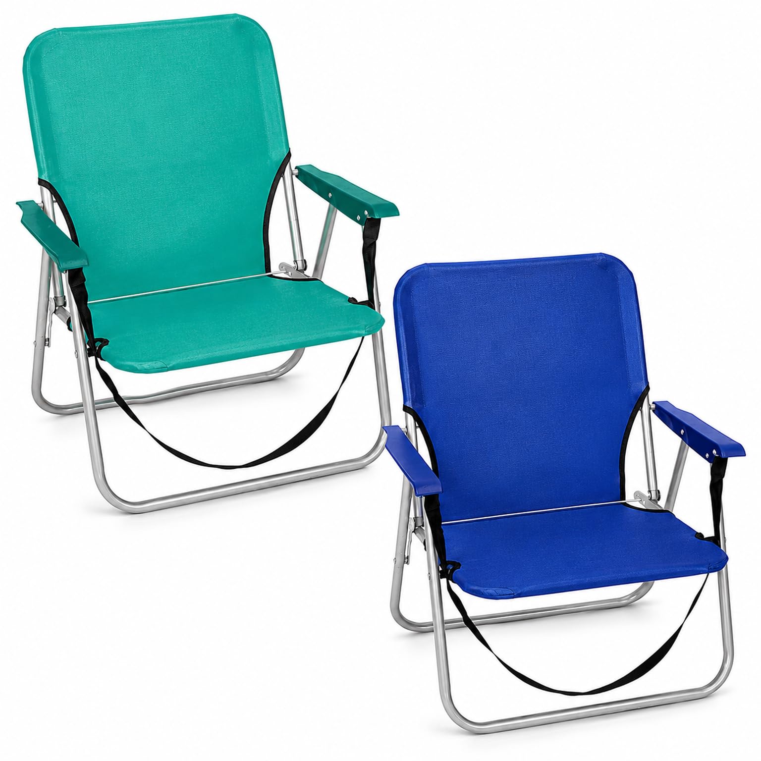 TIENDA EURASIA – Pack de 2 Sillas de Playa Plegables | Ligeras y Portátiles con Asa de Transporte | Estructura Metálica Resistente | 1 Posición Fija | Ideales para Playa y Exterior (Azul y Verde)