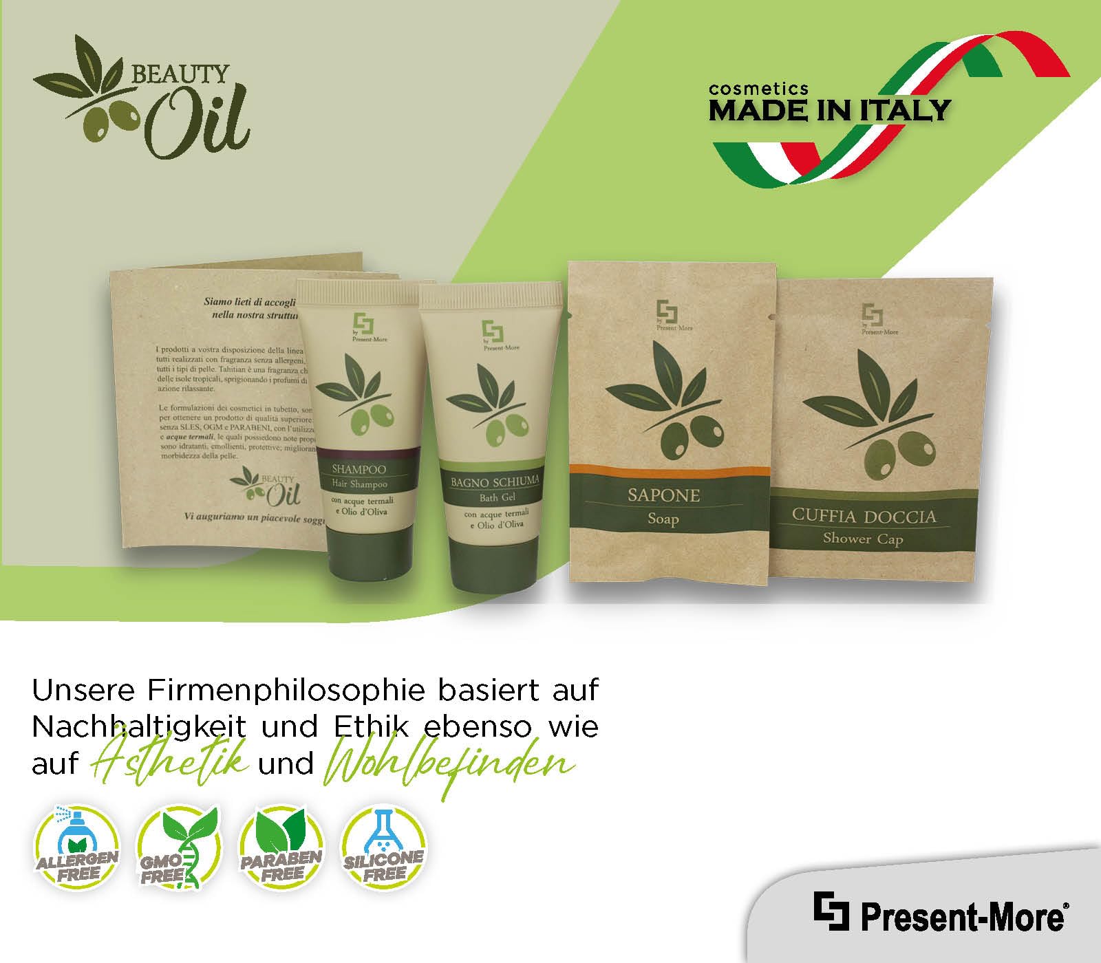 Present-More Amenities Kit Beauty Oil - Toilettenartikel 20 Gäste für Hotels und B&B | Allergenfreie Amenities Kit mit Duftnote Tahitian