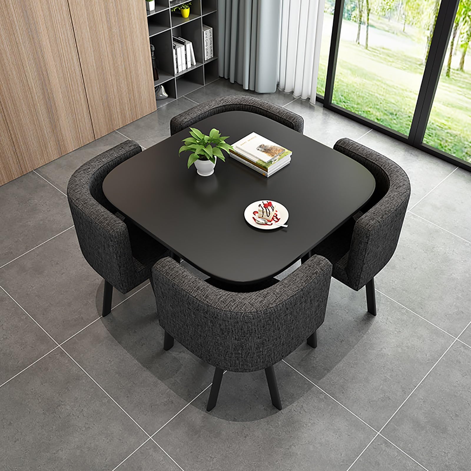 Round Dining Table Set for 4 Marble Table with Chairs Office Reception Desk and Chair Set Suitable for Lounge Living Room Office Space Modern and Elegant Design,Brown-Square-Fabric