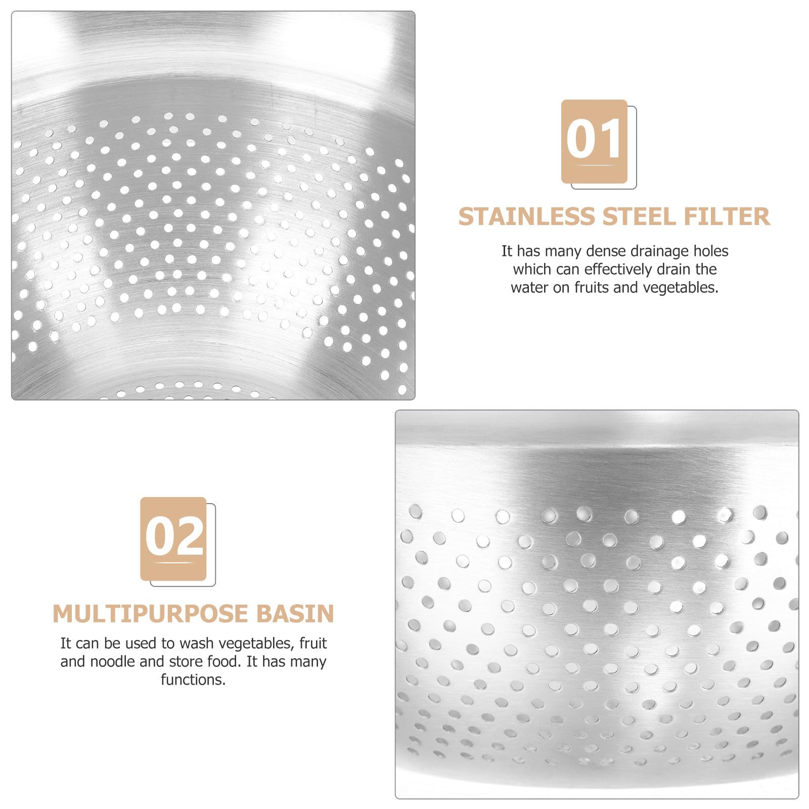 Colador de Cocina de Acero Inoxidable Plata, Cuenco Multiuso | Escurridor para Lavar y Drenar Agua, Cesta para Fideos y Arroz, Uso en Cocina y Frutas