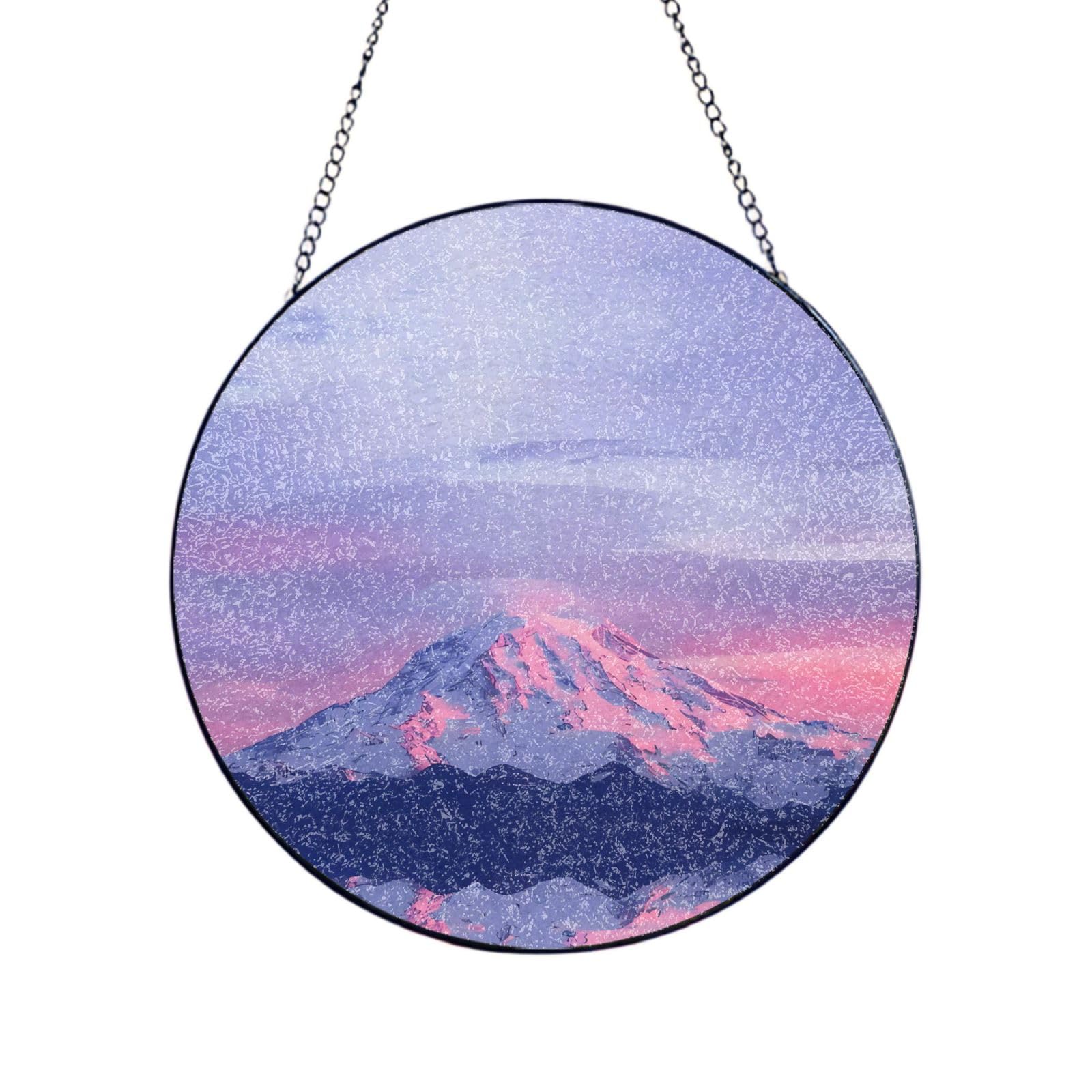 Phayah Mount At Sunset Print Glass Window Hanging Round Suncatcher Glass Ornament Garden Wall Fence Decorations Indoor Outdoor 12in（30cm）