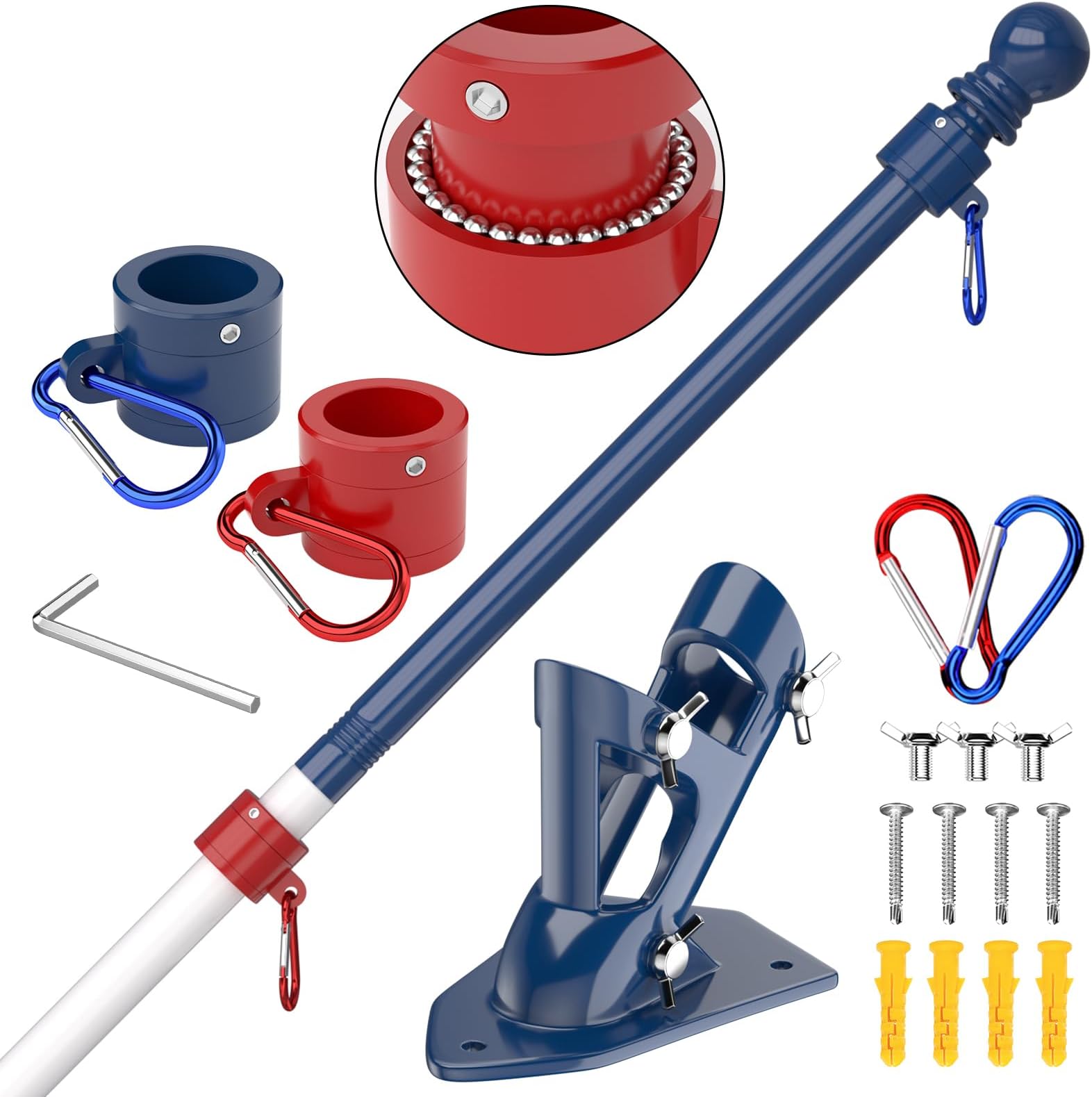 ZMTECH Flag Pole - Upgraded Bracket, 6 FT Stainless Steel Flag Poles for Outside House, Residential or Commerical, Tangle Free Flag Pole Kit for American Flag (Without Flag, Blue&White&Red)