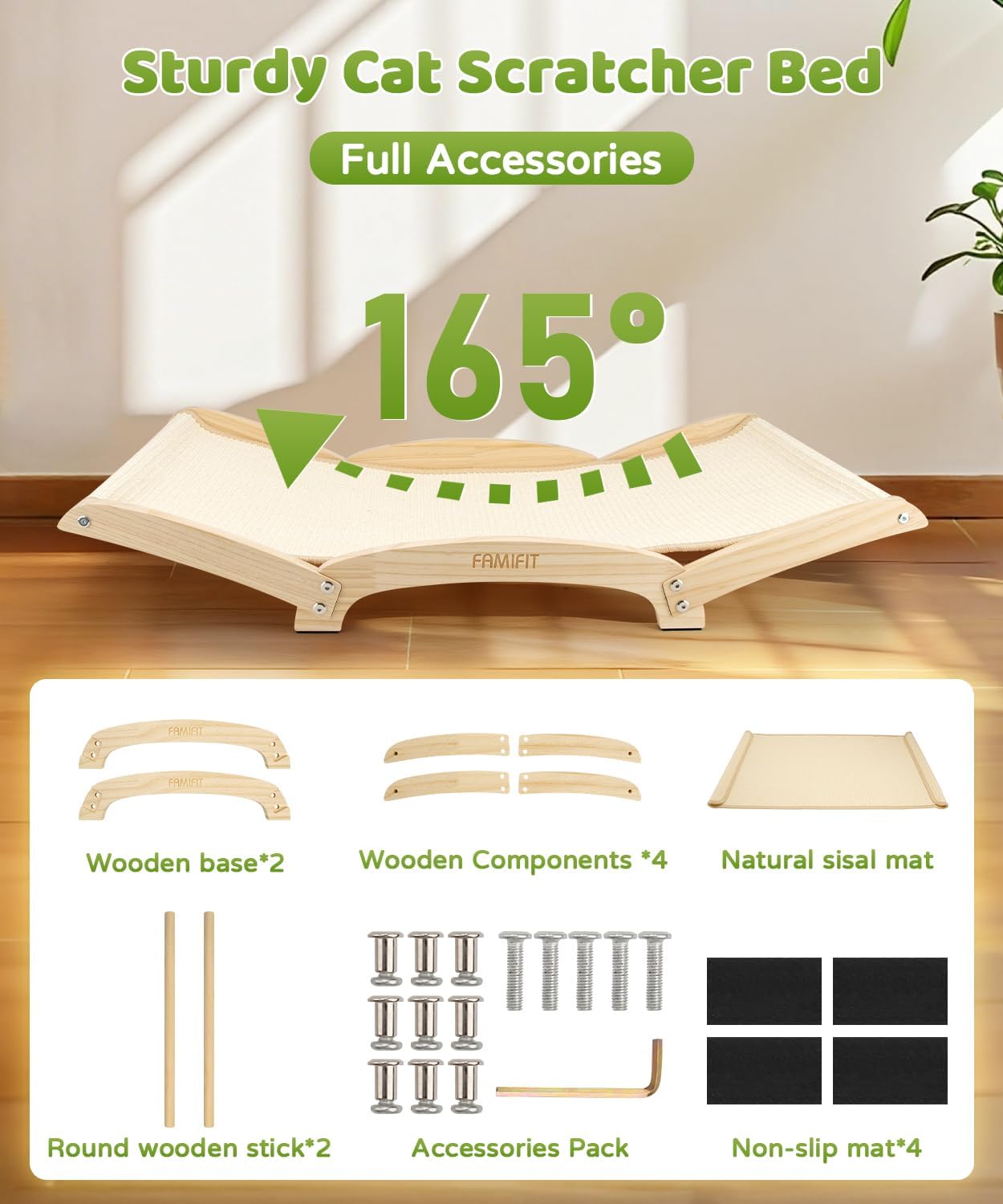 Large Sisal Cat Scratcher Bed with Solid Wood Base, Durable Scratch & Rest 2-in-1, Extra-Wide 28” Anti-Slip Cat Scratch Pad for Indoor Cats
