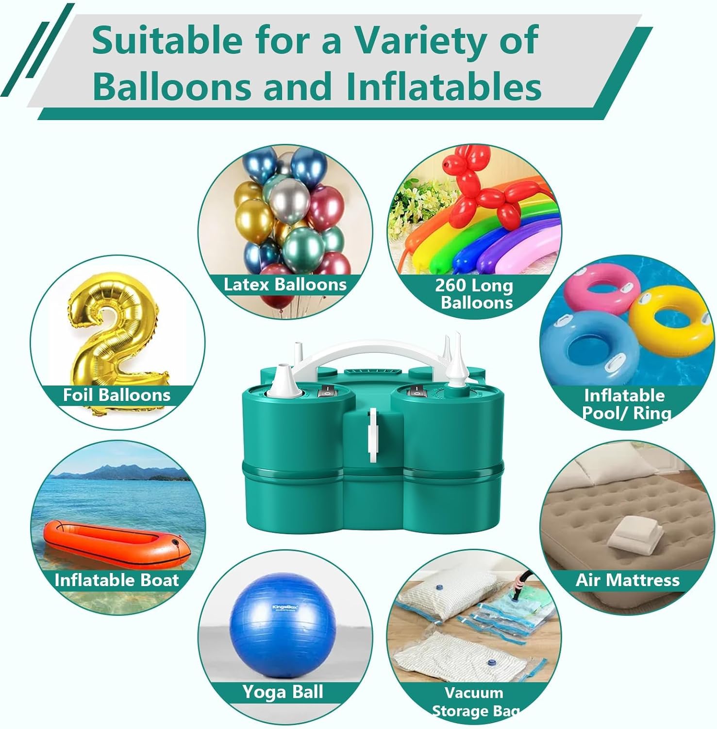 FunHot Electric Balloon Pump with Balloons Set, Portable Dual Nozzle Air Pump for Balloons, Green White 3-in-1 Balloons Blower Machine with 60PCS Pink Balloons for Birthday Party Decoration