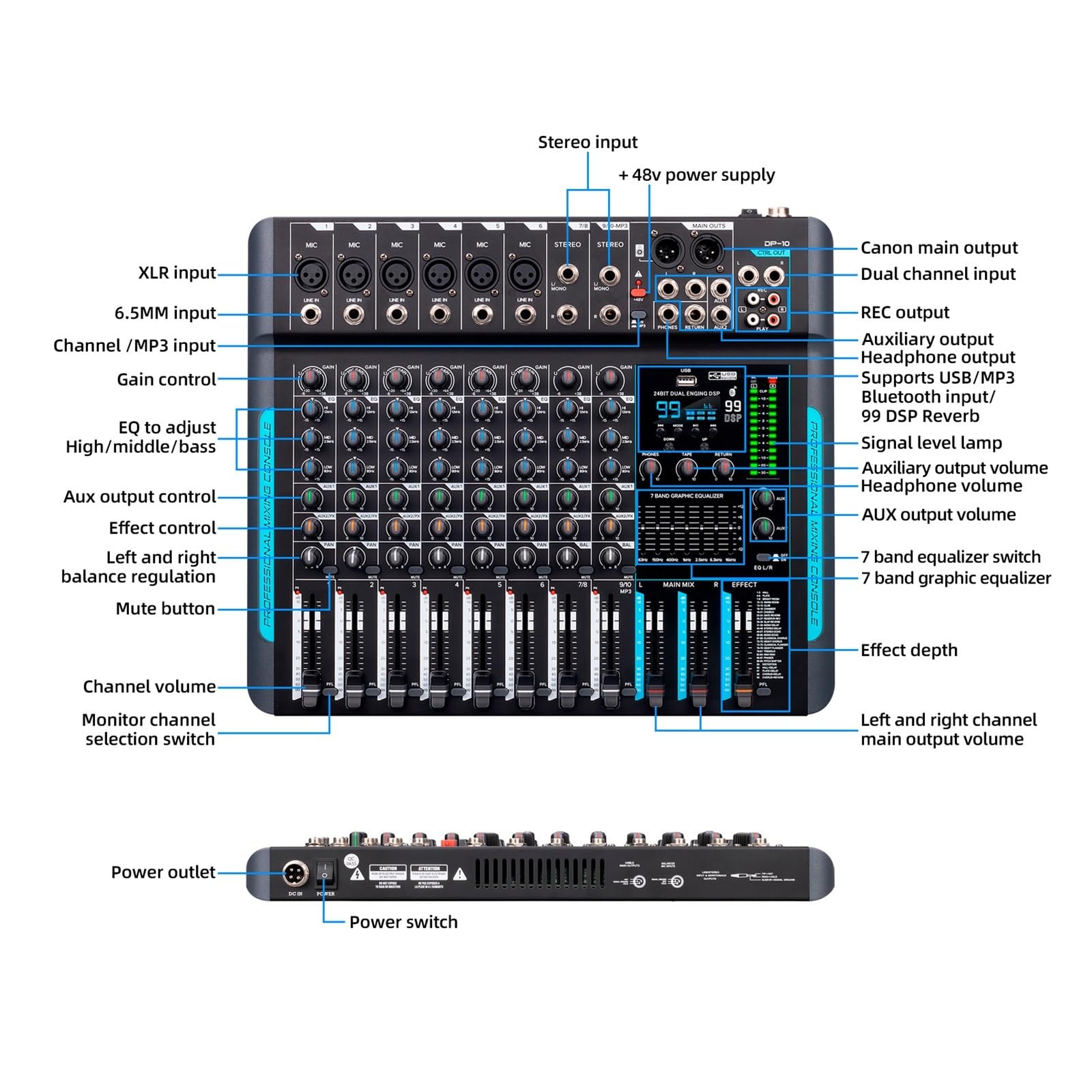 Controlador DJ Mezclador DP-10 Mezclador de grabación con reverberación DSP de 10 Canales y 99 Canales con Rendimiento Profesional Bluetooth 5.0