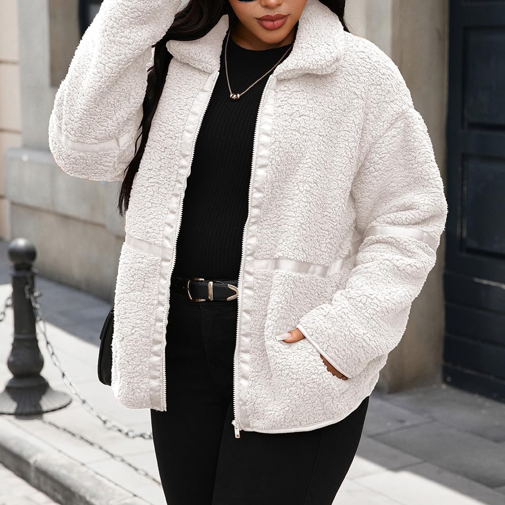 Women's Fleece Zip Up Sherpa Jacket Casual Stand Collar Patchwork Quilted Teddy Coat with Pockets - Image 5