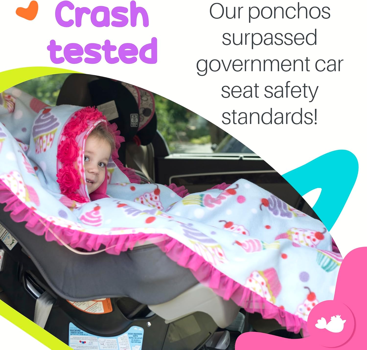 Birdy Boutique Car Seat Poncho for Kids – Reversible Warm Blanket with Hoodie – Safe to Use Over Seat Belts – Easy On, Easy Off, and Doesn’t Impact Seat Performance - Cupcake – One Size - Image 5
