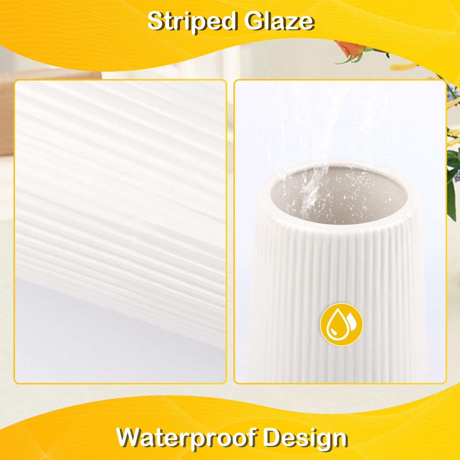 Vaso in Ceramica Bianco Decorativo - Moderno Con Scanalature per Fiori, Erba della Pampa - Piccolo per Casa, Soggiorno, Tavolo da Pranzo, Ingresso, Ufficio