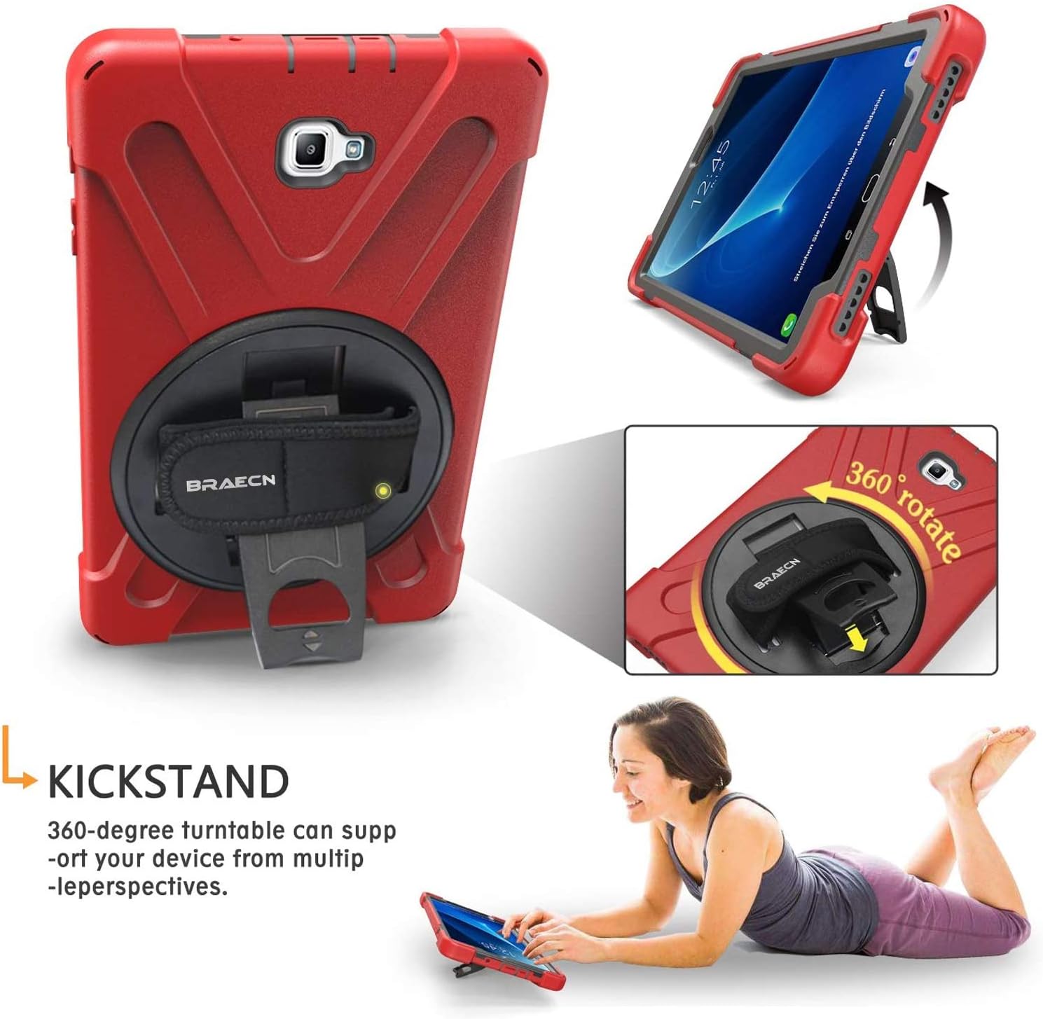 Black Friday - 80% OFF BRAECNstock Samsung Galaxy Tab A 10.1 Case, 360 Degree Rotatable Kickstand Case Cover for Galaxy Tab A 10.1 Inch SM-T580 T585, with Rugged Protective, Adjustable Hand Strap and Shoulder Strap (Red)