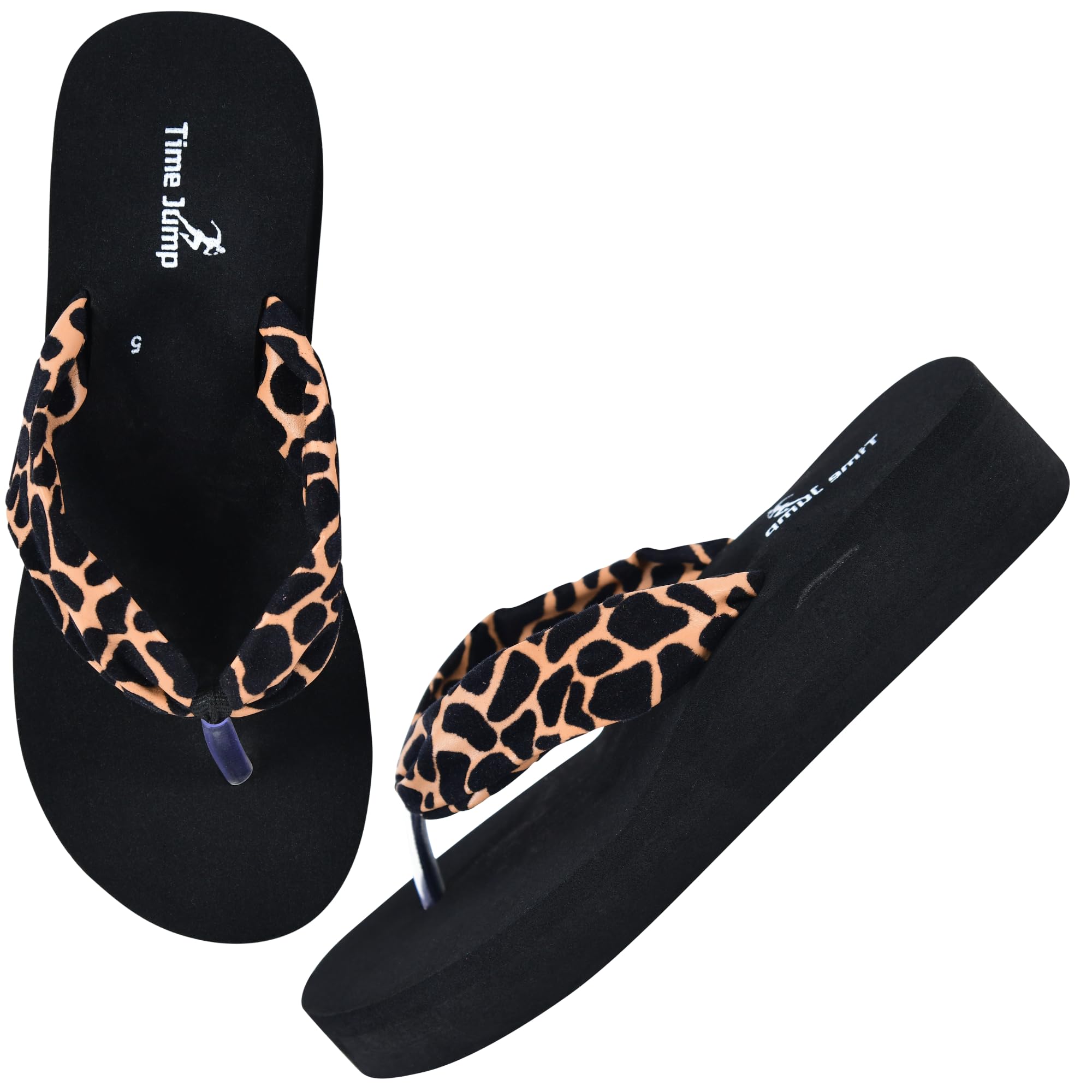 Women's Platform Flip Flops with Leopard Print Straps, Black Base-image-5