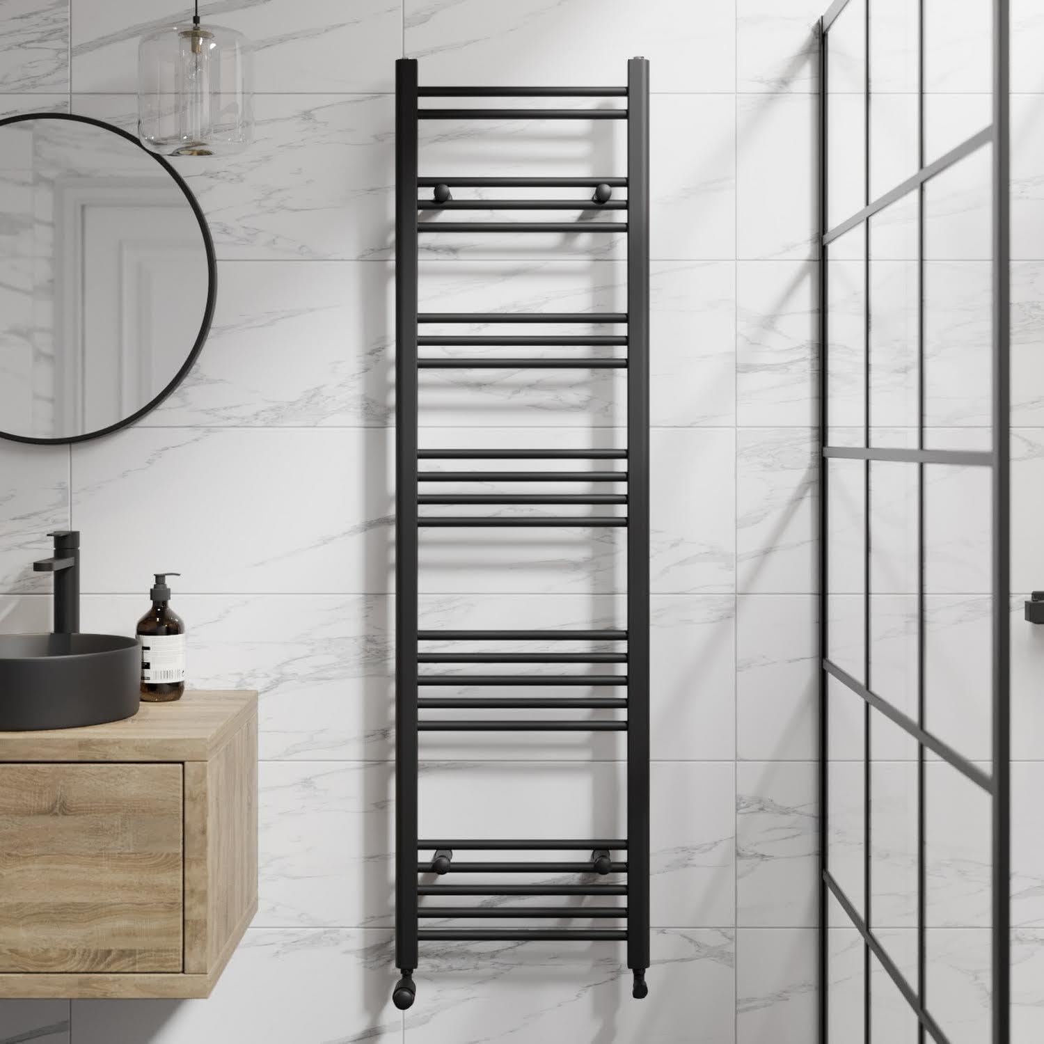 Duratherm Black Duratherm® 1600 X 450Mm Flat Straight Heated Towel Rail Radiator Modern Central Heating Bathroom Warmer Wall Mounted Ladder Rad, Matt