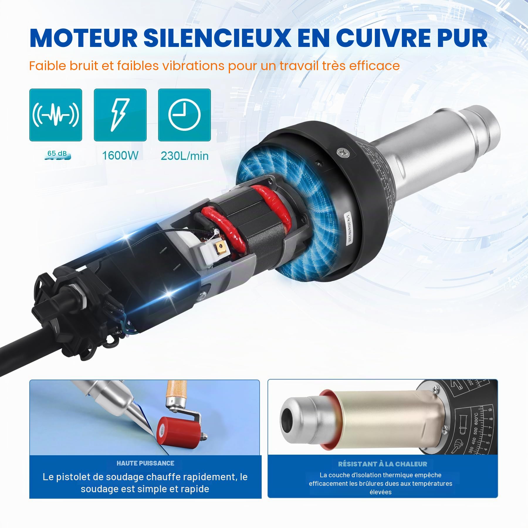 Lampe de poche à air chaud en plastique 110 V 1600 W avec buses et tiges en PE/PVC