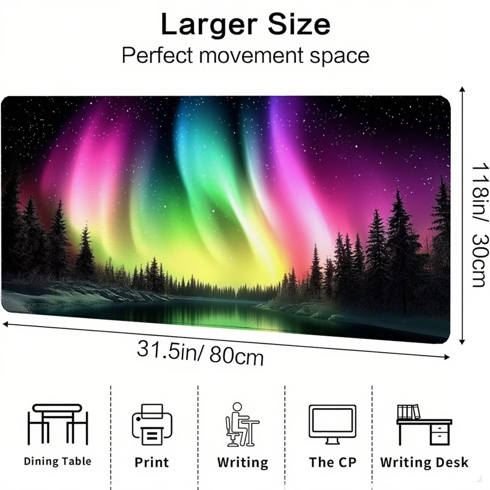 Czarna podkładka pod mysz XXL 1200 x 600 x 3 mm zorza pod ręką akcesoria biurowe antypoślizgowa gumowa podstawa i szyte krawędzie podkładka pod mysz dla graczy do dekoracji biura dekoracyjnego