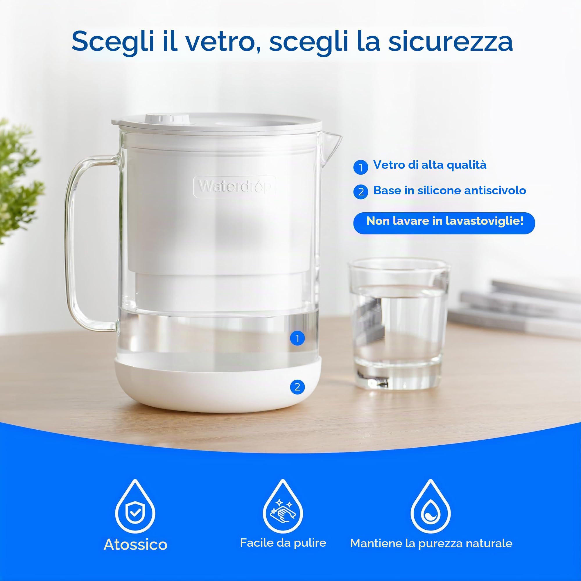 Waterdrop Caraffa Filtrante per Acqua, 2,5L, con Filtro da 2 Mesi, Certificata NSF 53 & 42 & 372, Riduce PFOA/PFOS, Cloro, Cadmio, Rame, Mercurio, WD-PT-72W
