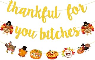 TF Thankful for You Banner, Gold Glitter Thanksgiving Banner for Mantel Fire Place, Friendsgiving Decorations, Thankful Banner, Indoor Home Fall Thanksgiving Party Decorations (Pre-Assembled)