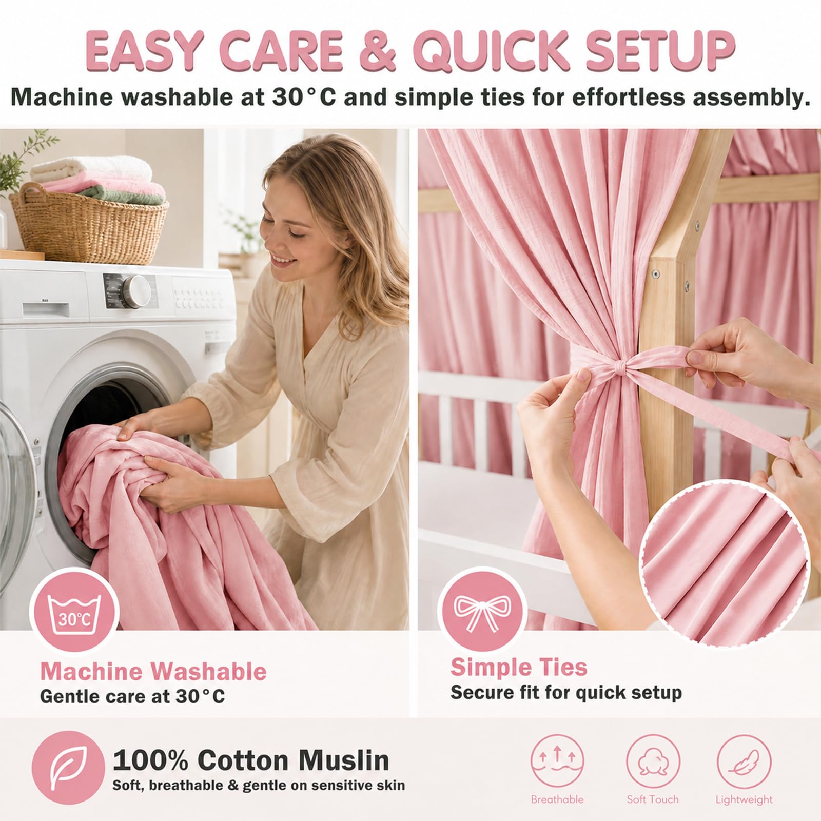 Dosel para cama de casa, 2 piezas, muselina para camas de casa para niñas y niños, cortina de cama con dosel, cortinas para cama infantil, decoración de habitación infantil (rosa, 135 x 350 cm