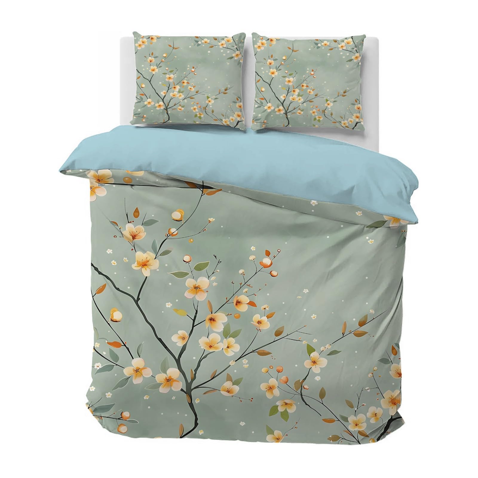 Parure de lit 240 x 260 fleurs jaunes housse de couette microfibre réversible