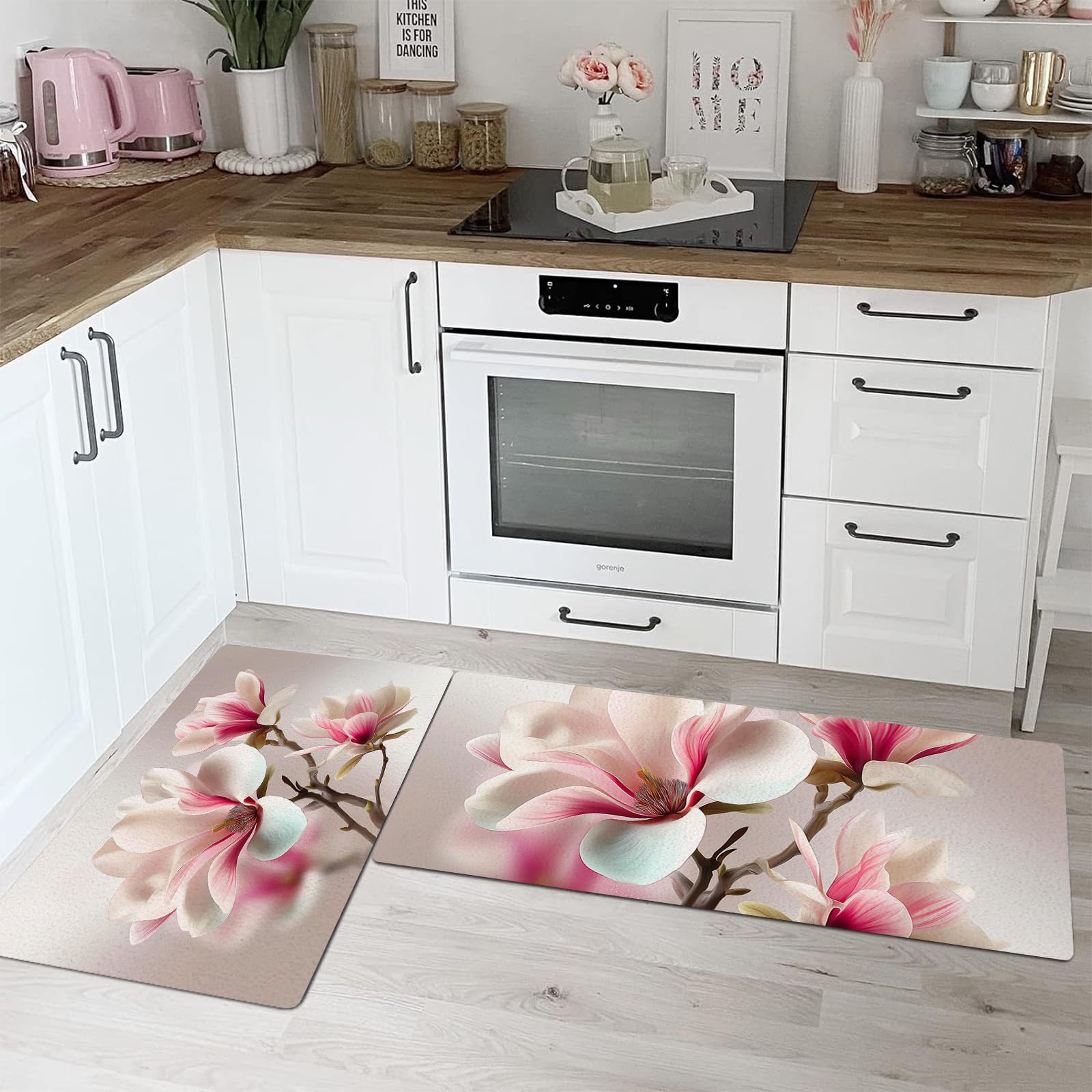 Tapetes de cocina antideslizantes Magnolia Rosa, juego de 2 alfombras lavables antifatiga