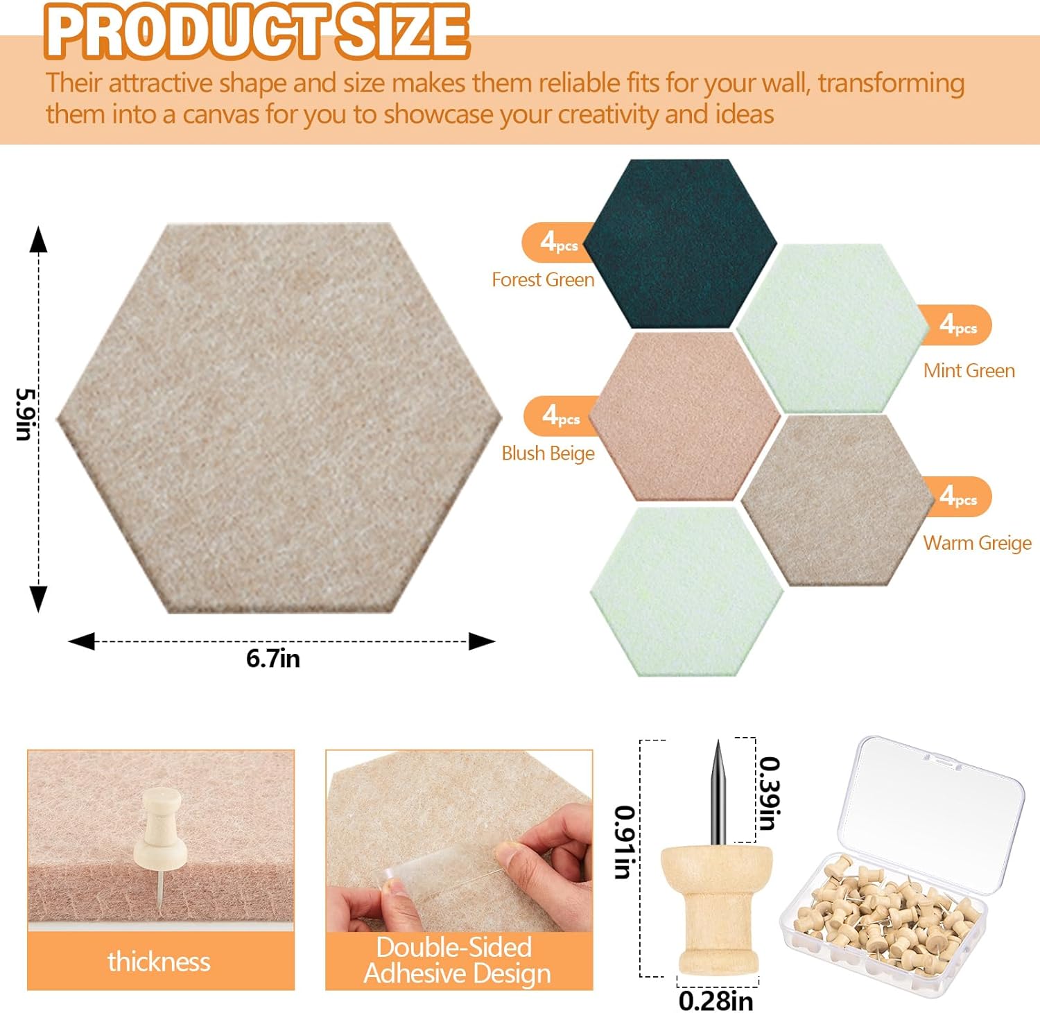 16 pcs hexagon cork board for walls with 50 wooden push pins 6.7 x 5.9 in felt diy tiles notice with nano tape hanging bulletin board for home photo office memo note (green) green 6.7 x 5.9 in