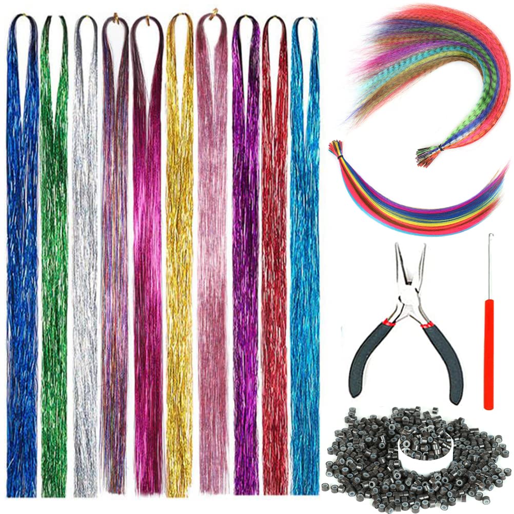 10 Packs Tinsel Hair Extensions with Tools 2300 Strands 44 Inch Hair Tinsel Kit for Women with 10 pcs Feather hair 10 pcs Rainbow Hair Sparkling Shiny Colorful Hair Extensions for Christmas and