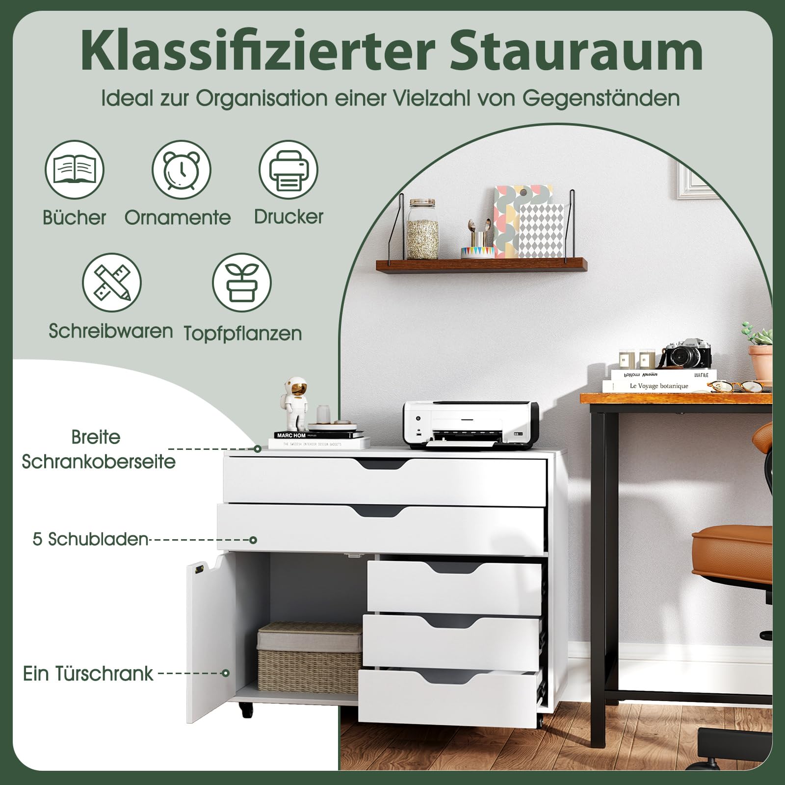 COSTWAY Rollcontainer mit 5 Schubladen & Schrank, mobiler Aktenschrank mit Rollen, Schubladenschrank mit Arbeitsplatte, Rollwagen Bürocontainer aus Holz für Zuhause, Büro, Weiß