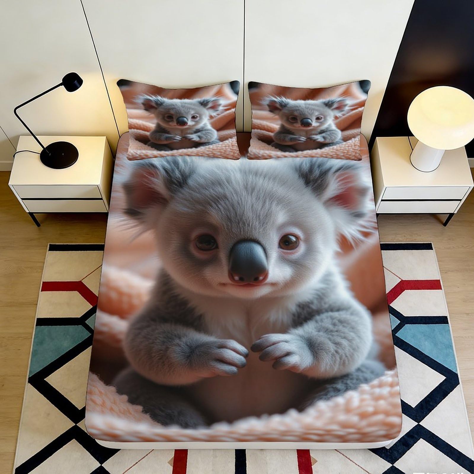 3D Printed Cute Koala Fitted Sheet Microfiber Soft Breathable Animal Cartoon Mattress Cover for Bedroom Dorm Protection Decor 180x200x25cm