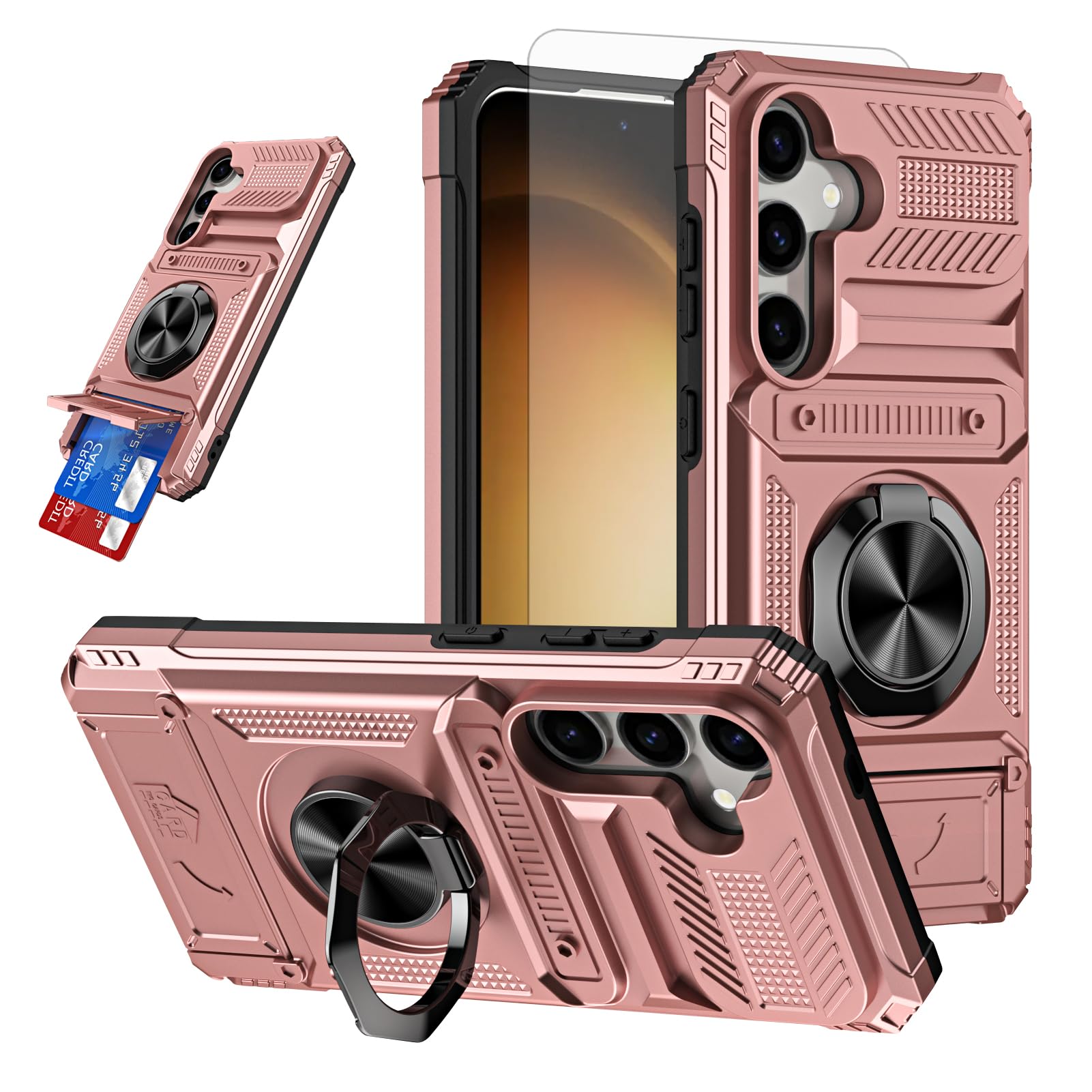 Furiet Phone Case for Samsung Galaxy A35 5G Tempered Glass Screen Protector Card Slots Magnetic Ring Stand Shockproof Soft Silicone Bumper Hybrid Two