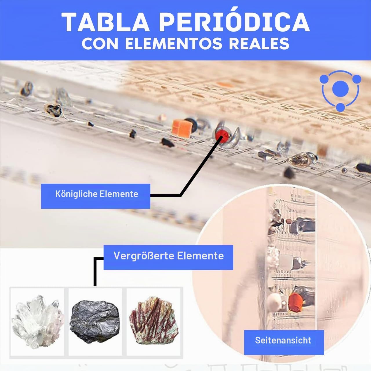 Periodensystem mit echten Elementen, groß (21 x 14 x 2,7 cm), Holzsockel, transparentes Board und Holzständer mit weißem LED-Licht, chemisches Geschenk für Schüler und Lehrer