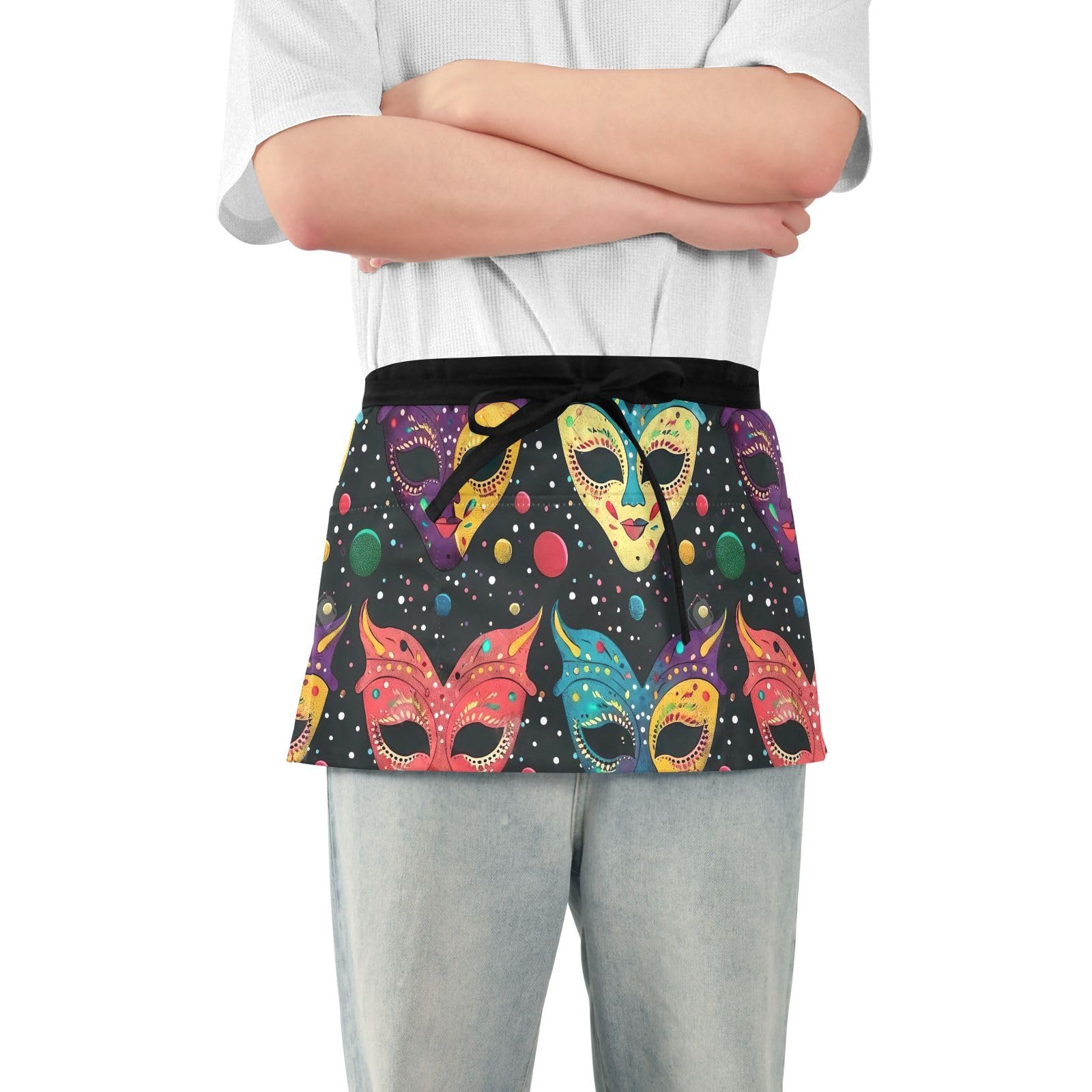 ODAWA Mardi Gras Masks Waist Apron with 3 Pockets Server Aprons Short