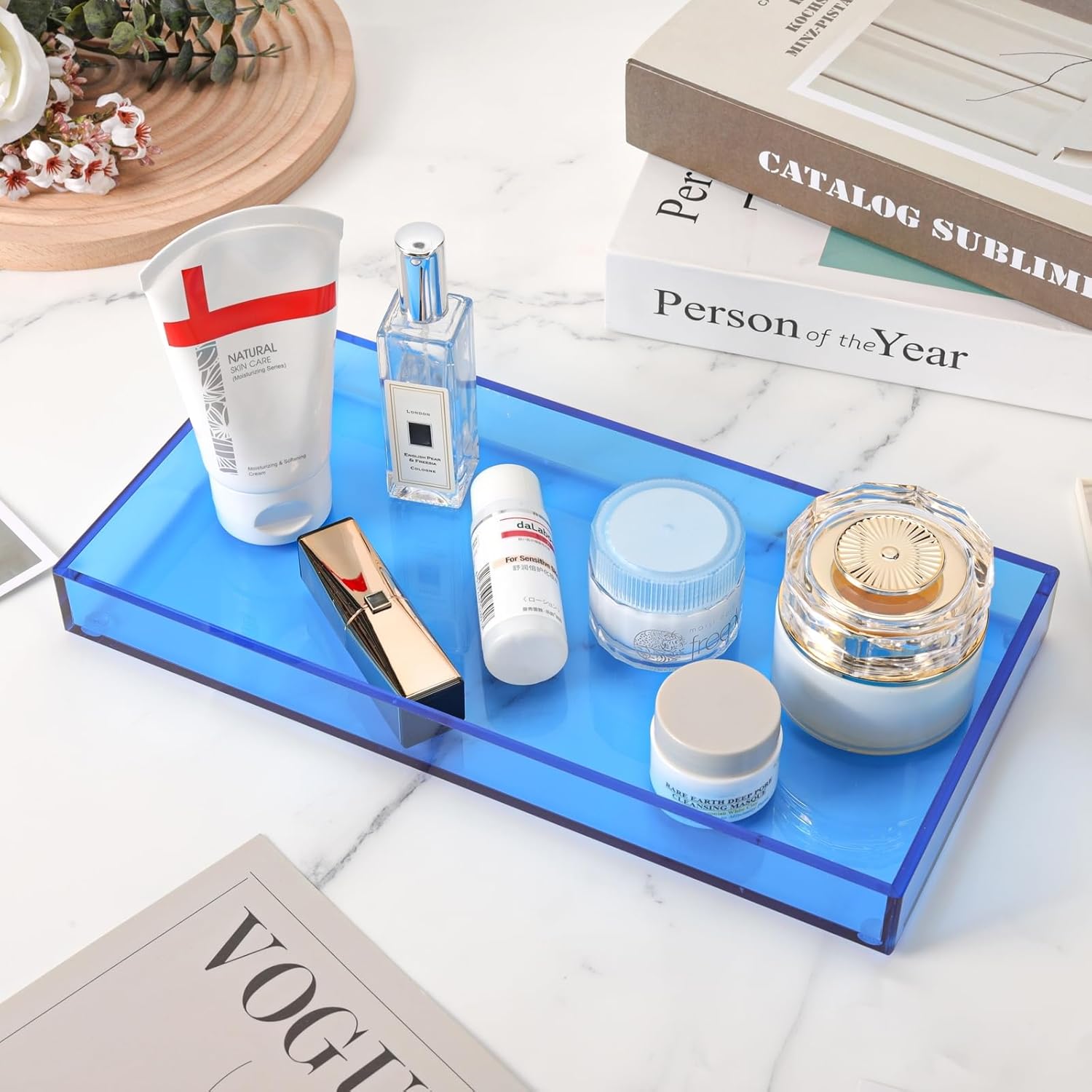 Acrylic Tray for Vanity Makeup Perfume Jewelry 12x6'' Small Decorative Tray for Bathroom Dresser Tops Candle Sink Counter, Blue