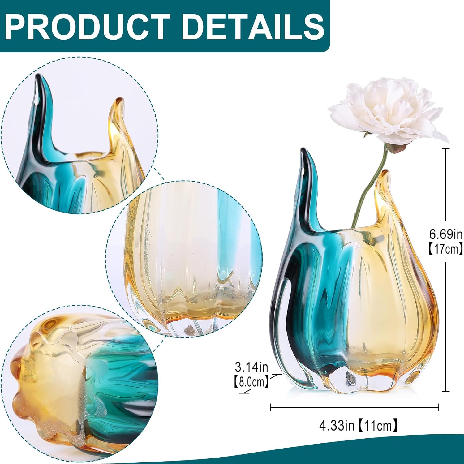 Hand Blown Glass Vase, Medium Wide Mouth Flower Vase Unique Modern Turquoise Glass Art Decor, Nonbreakable Vases for Table Centerpieces Living Room Decorative Amber and Teal Vase