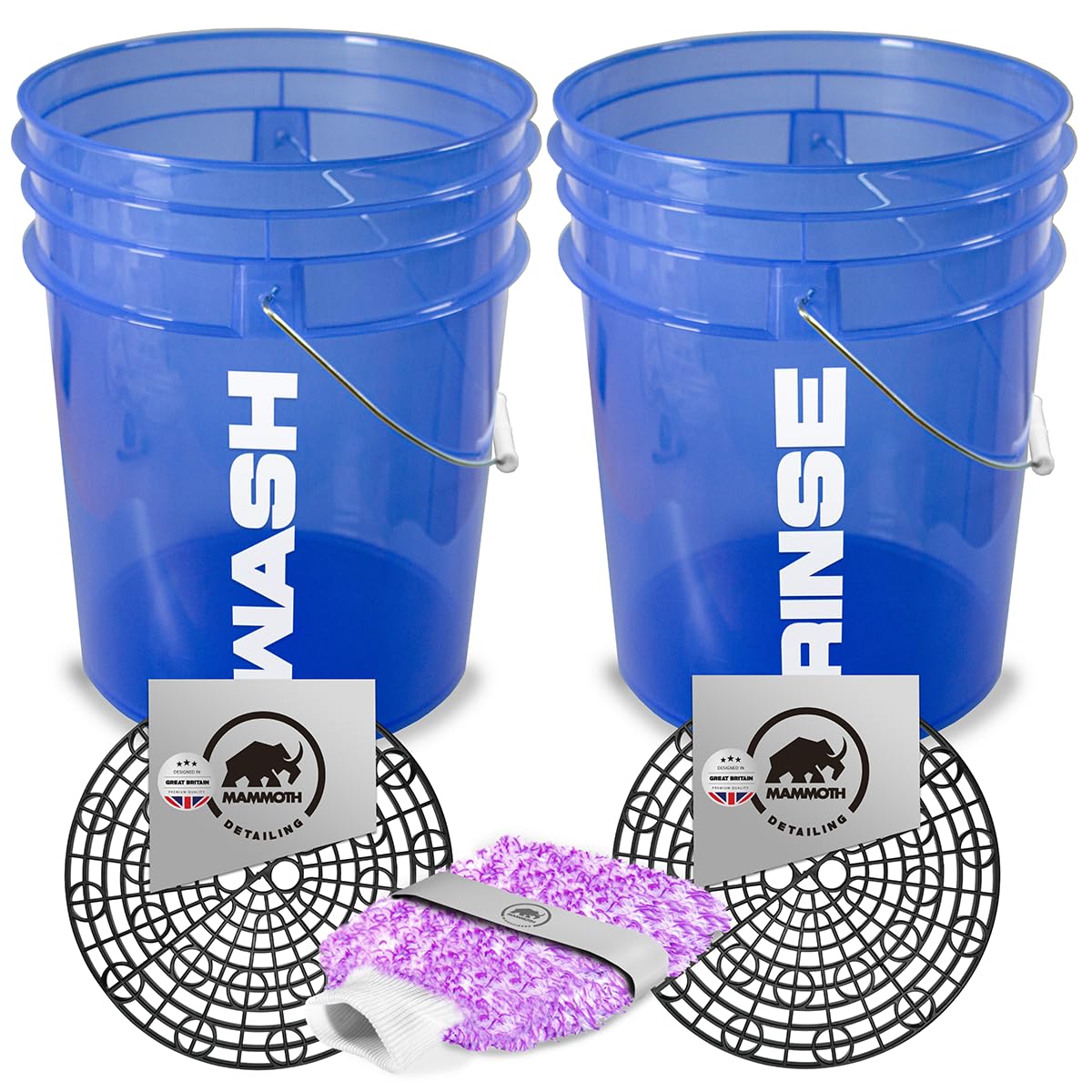 Mammoth Microfibres Blue 5Pc Detailing Car Wash Bucket Set With Wash Guards For Scratch Free Car Cleaning. Includes Microfibre Washmitt. (Blue)