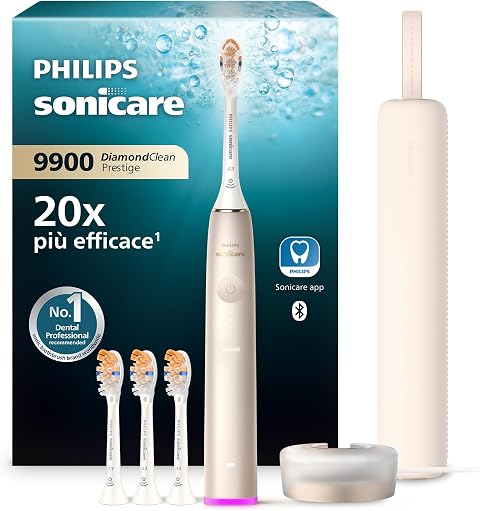 Philips Sonicare DiamondClean 9900 Prestige - Spazzolino elettrico con tecnologia SenseIQ e app, 5 modalità di pulizia, custodia da viaggio per la ricarica, Champagne, modello HX9992/44