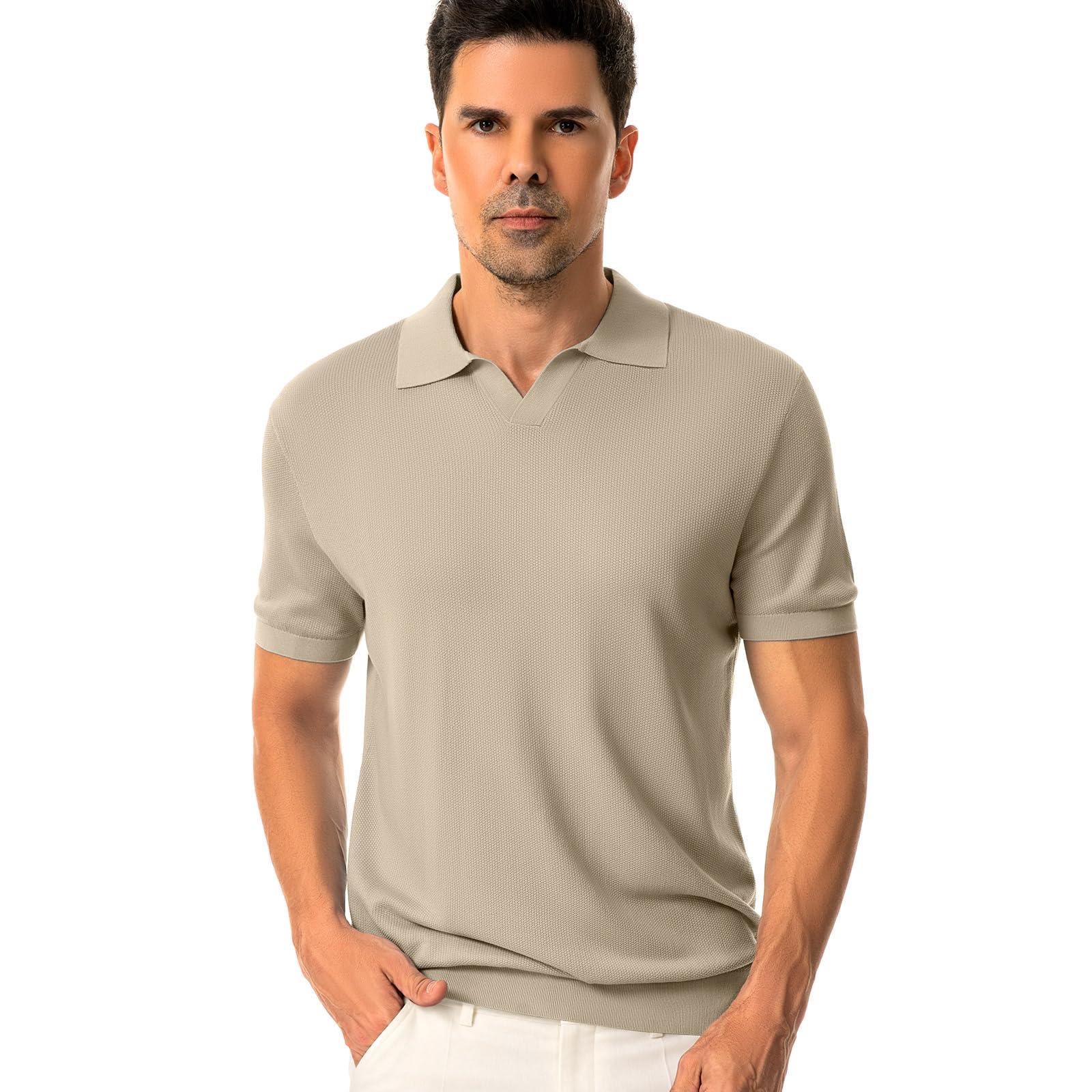 Men's Knit Polo Shirt, Lyocell Silk Blend Short Sleeve Open Collar