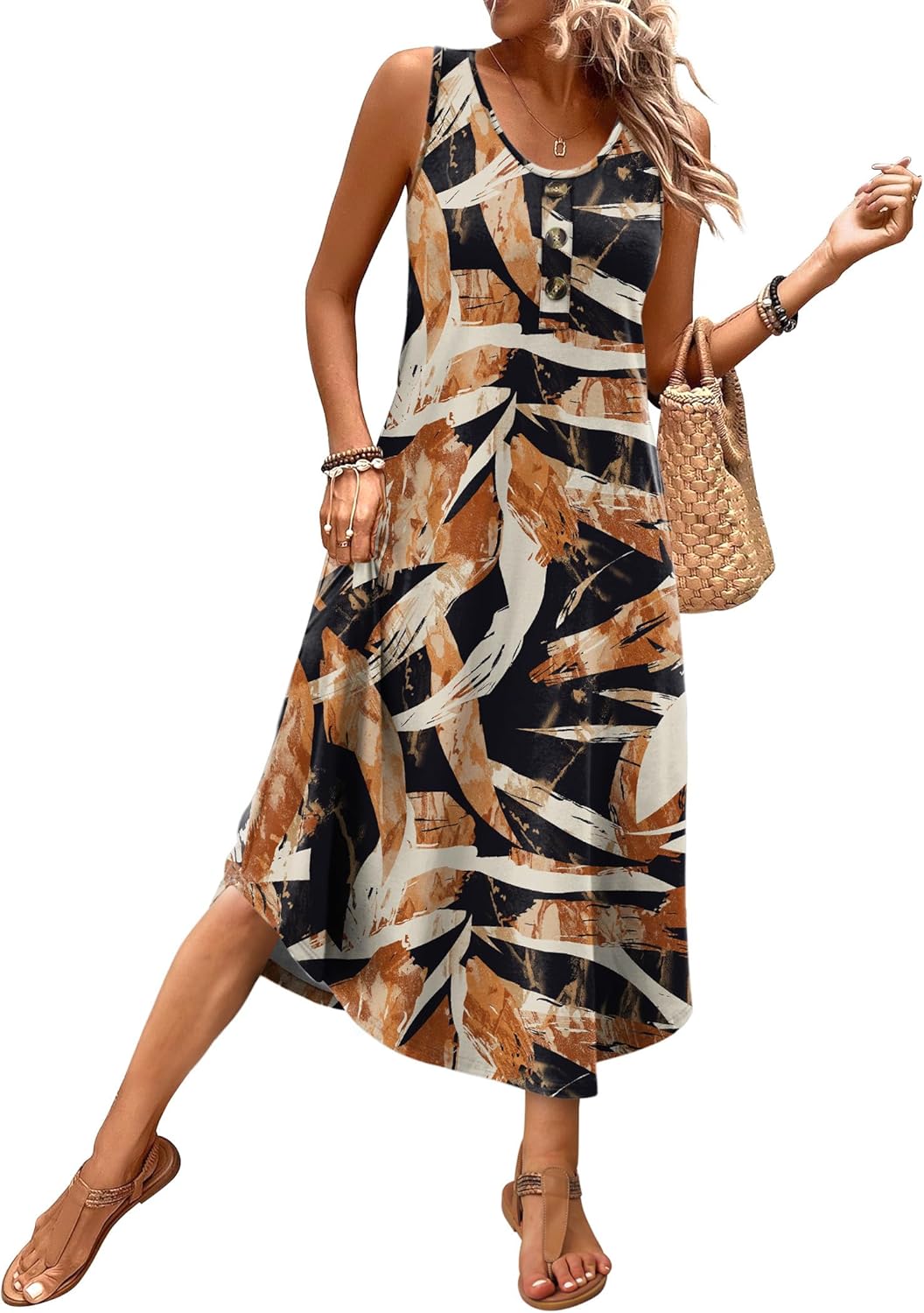 WIHOLL Summer Dresses for Women 2026 Button Front Sleeveless Casual Midi Dress Beach Vacation Sundresses with Pockets - Image 5