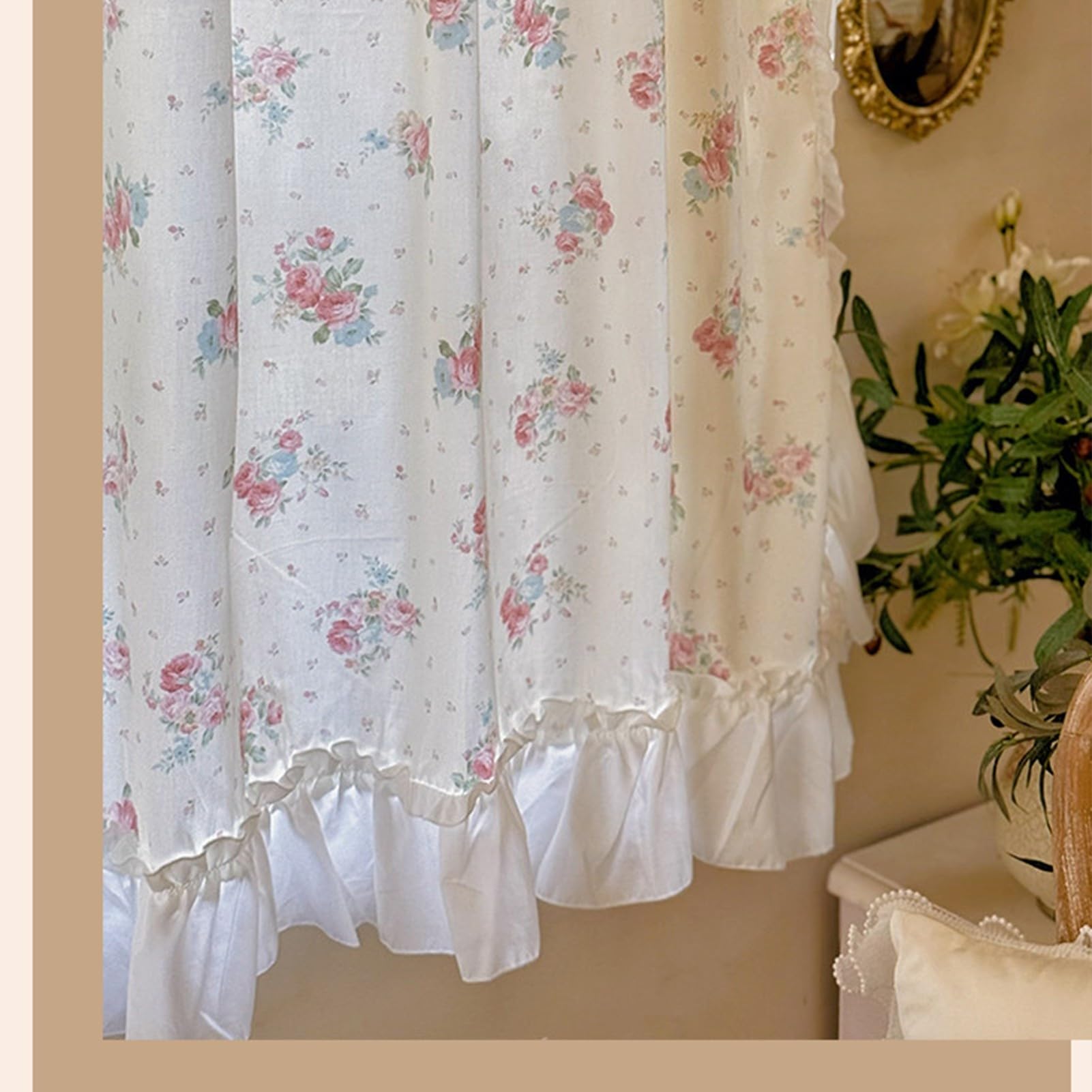 Tenda Semitrasparente Stampa Floreale Vintage con Bordi Arricciati
