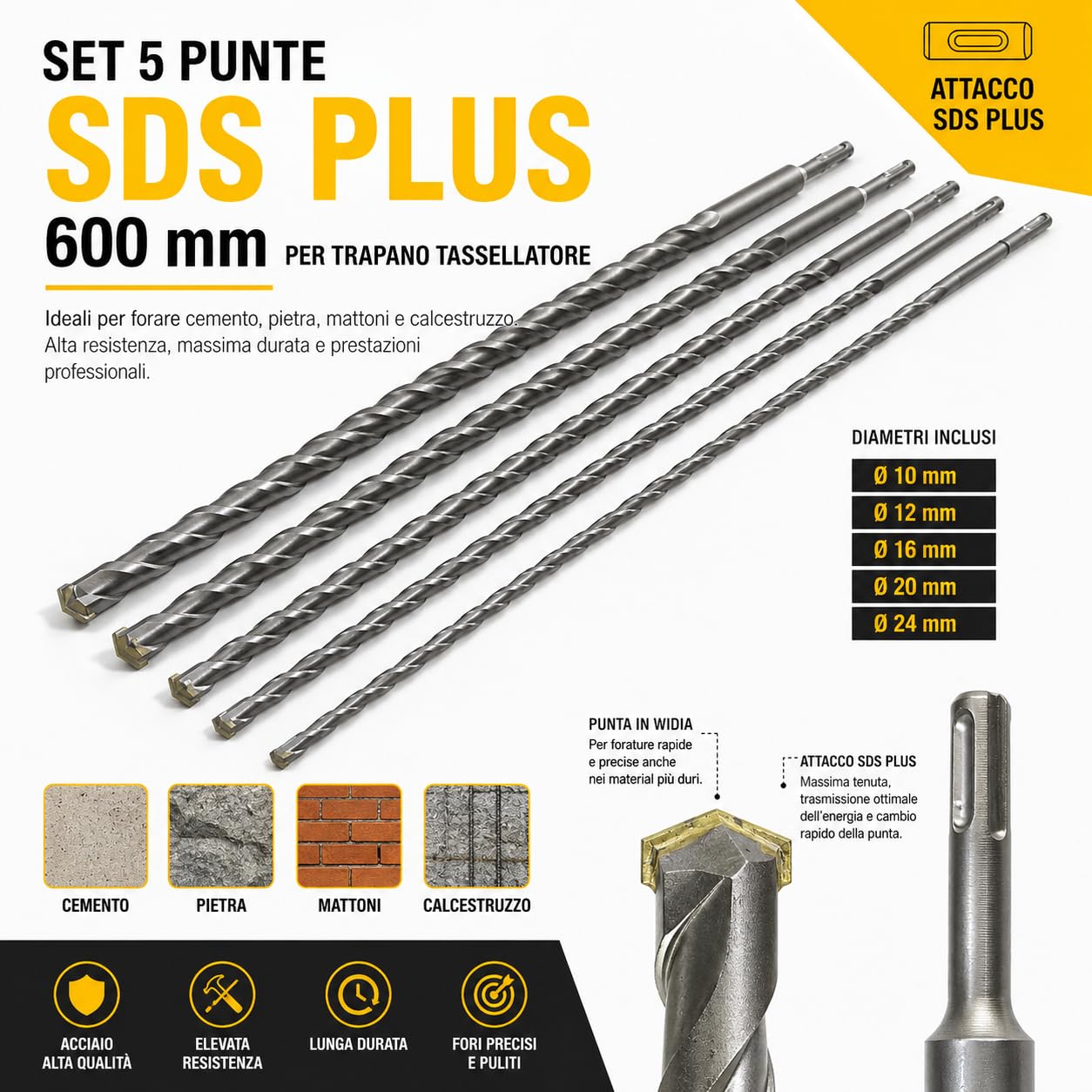 Set di 5 Punte SDS PLUS 600 mm per Trapano Tassellatore – Diametri 10, 12, 16, 20, 24 mm per Cemento, Pietra e Calcestruzzo – Elevata Resistenza e Durata