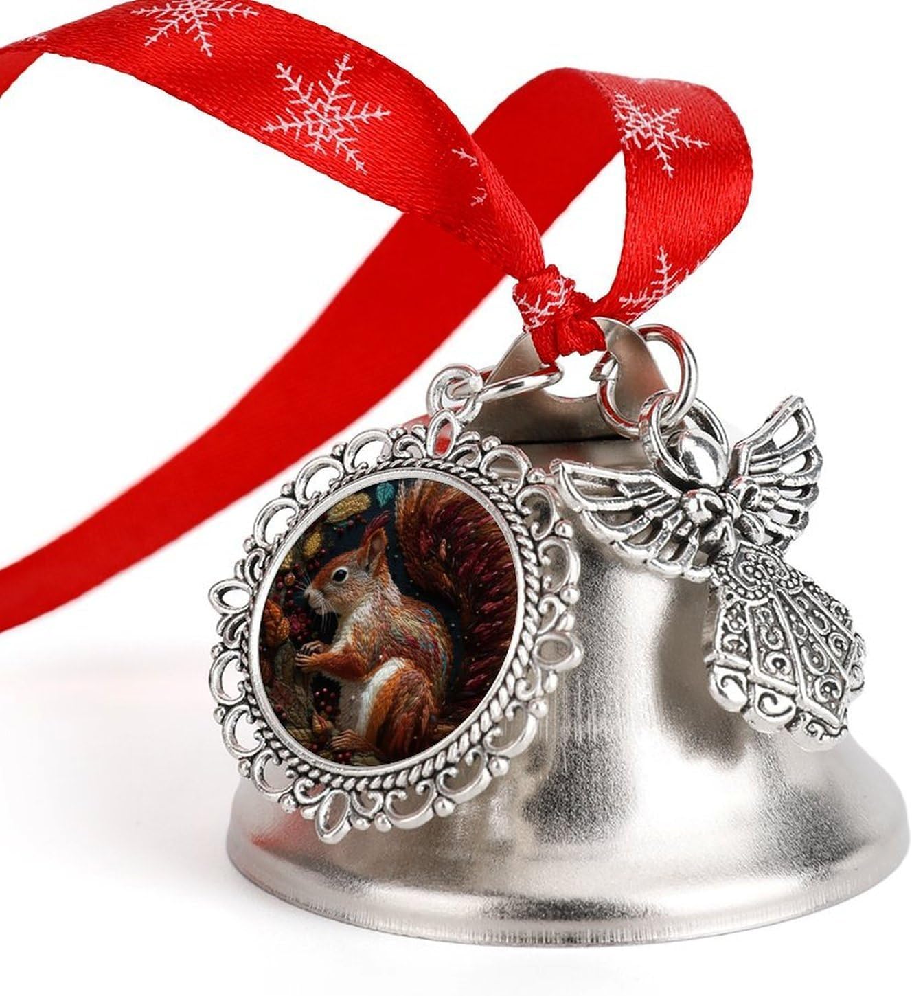 Metal Iron Christmas Bell Ornaments - Cute Personalized Squirrel Embroidery Printed Hanging Bells, Elegant & Durable for Christmas Home Party Wedding Decor