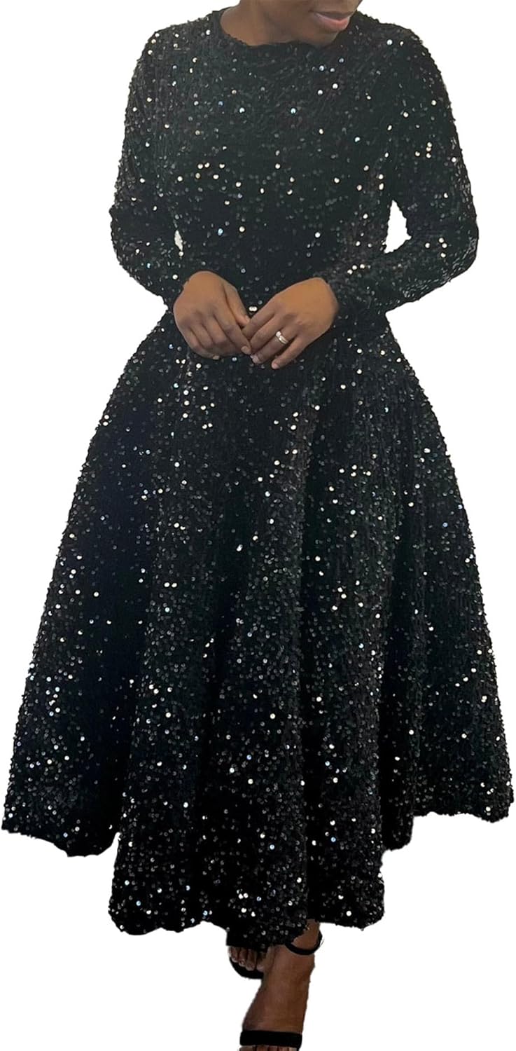 SOMTHRON Women's Sequin Dress Plus Size Long Sleeve A-Line Flared Party Cocktail Sparkle Glitter Evening Shiny Maxi Dress - Image 2