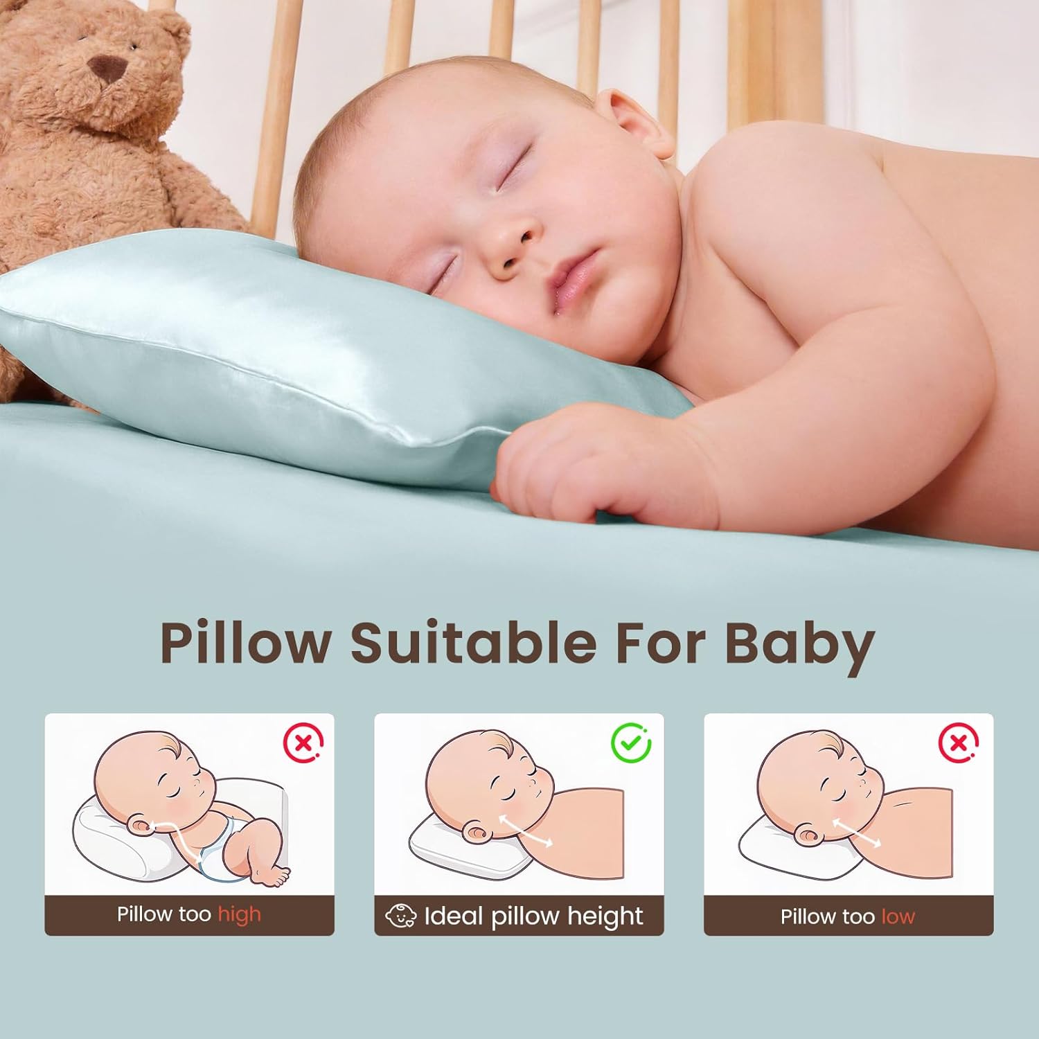 THXSILK Toddler Pillow 13x18 100% Silk Pillowcase with Tencel Underside, 10% Mulberry Silk & 90% Microfiber Filling for Infants 0-3 Years Machine Washable Soft Breathable Travel (1 Pack, Light Blue)