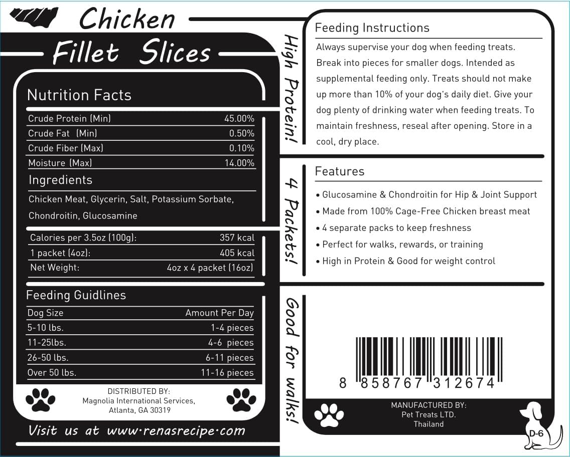 Rena's Recipe Chicken Fillet Slices Dog Treats – Soft High Protein Training Treats Made from Real Chicken Tender with Glucosamine & Chondroitin for Joint Support, 1 lb (4 oz x 4 Packs)