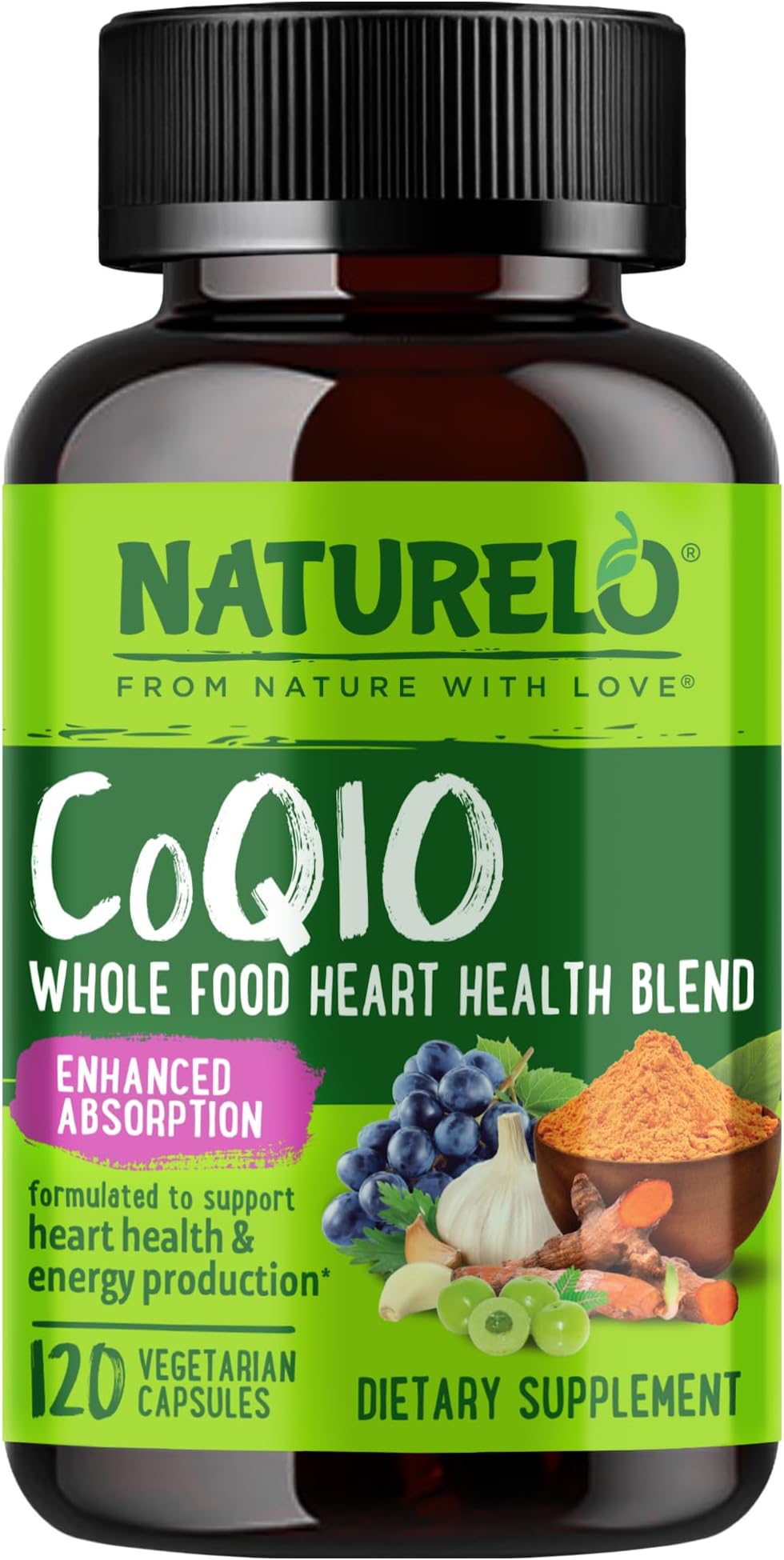 NATURELO Whole Food CoQ10 Supplement, 120 Veg Capsules, Heart Health Blend, Powerful Antioxidant, CoQ10 100mg Supports Energy Production