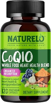 NATURELO Whole Food CoQ10 Supplement, 120 Veg Capsules, Heart Health Blend, Powerful Antioxidant, CoQ10 100mg Supports Energy Production