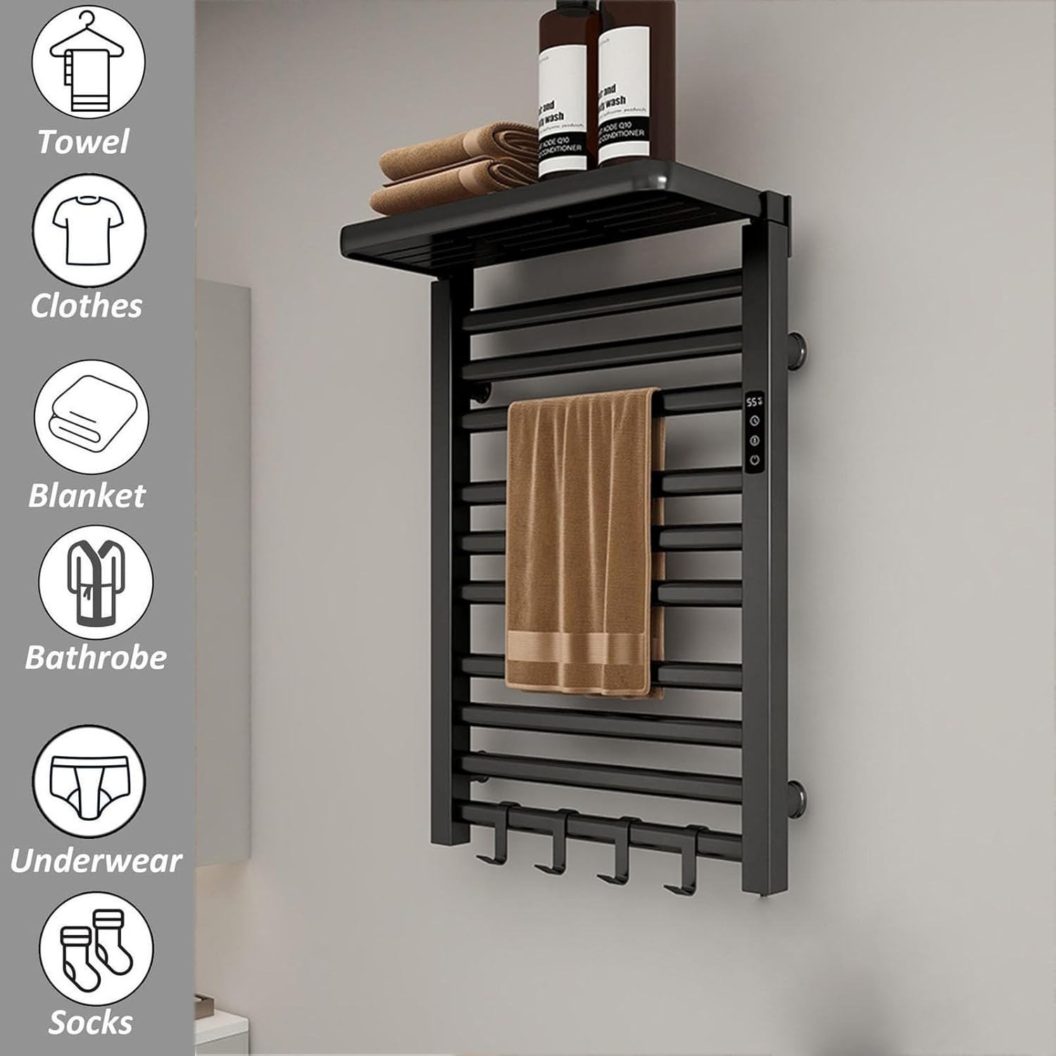 Wall Mounted Heated Drying Rack with Timer,for Bathroom Plug in,Aluminum Temperature Control Heated Towel Rack with Top Shelf,Black,Plug in Left